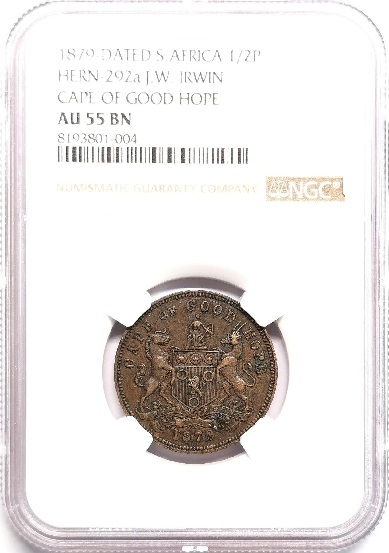 FXS世界钱币微拍第二百八十七期 1879南非好望角IRWIN半便士代用币NGC-AU55珍稀！