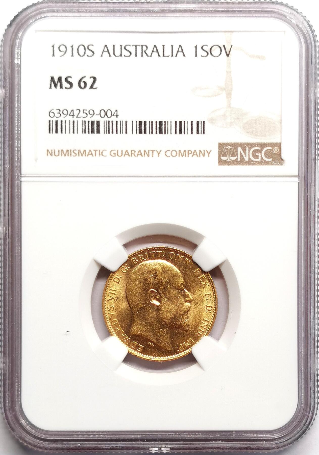 凡希社世界钱币微拍第二百七十五期 1910S英属澳大利亚爱七索维林金币NGC-MS62悉尼厂！7.988g，917金。
