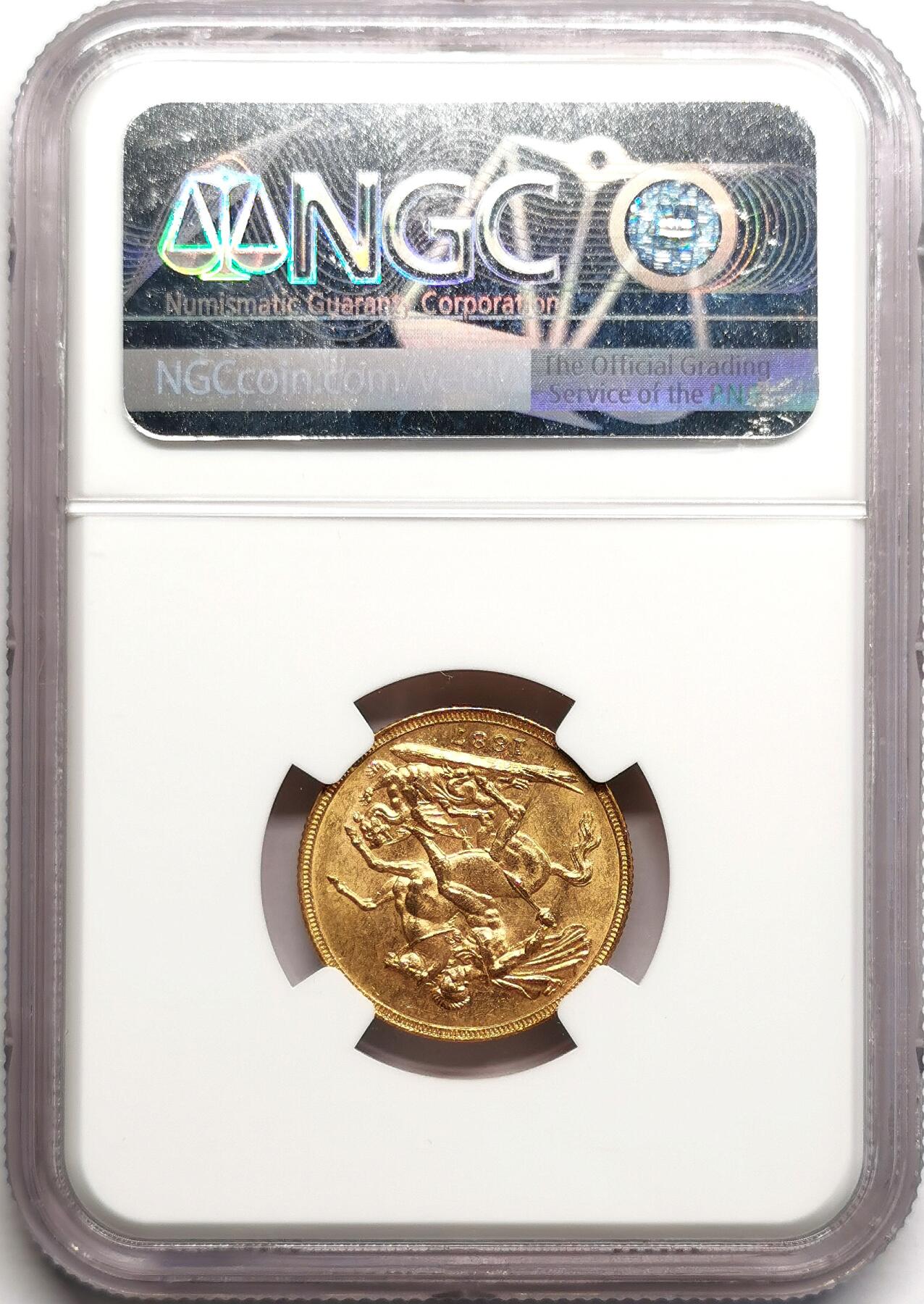 凡希社世界钱币微拍第二百七十五期 1887M英属澳大利亚小维索维林金币NGC-MS61，7.988g，917金。