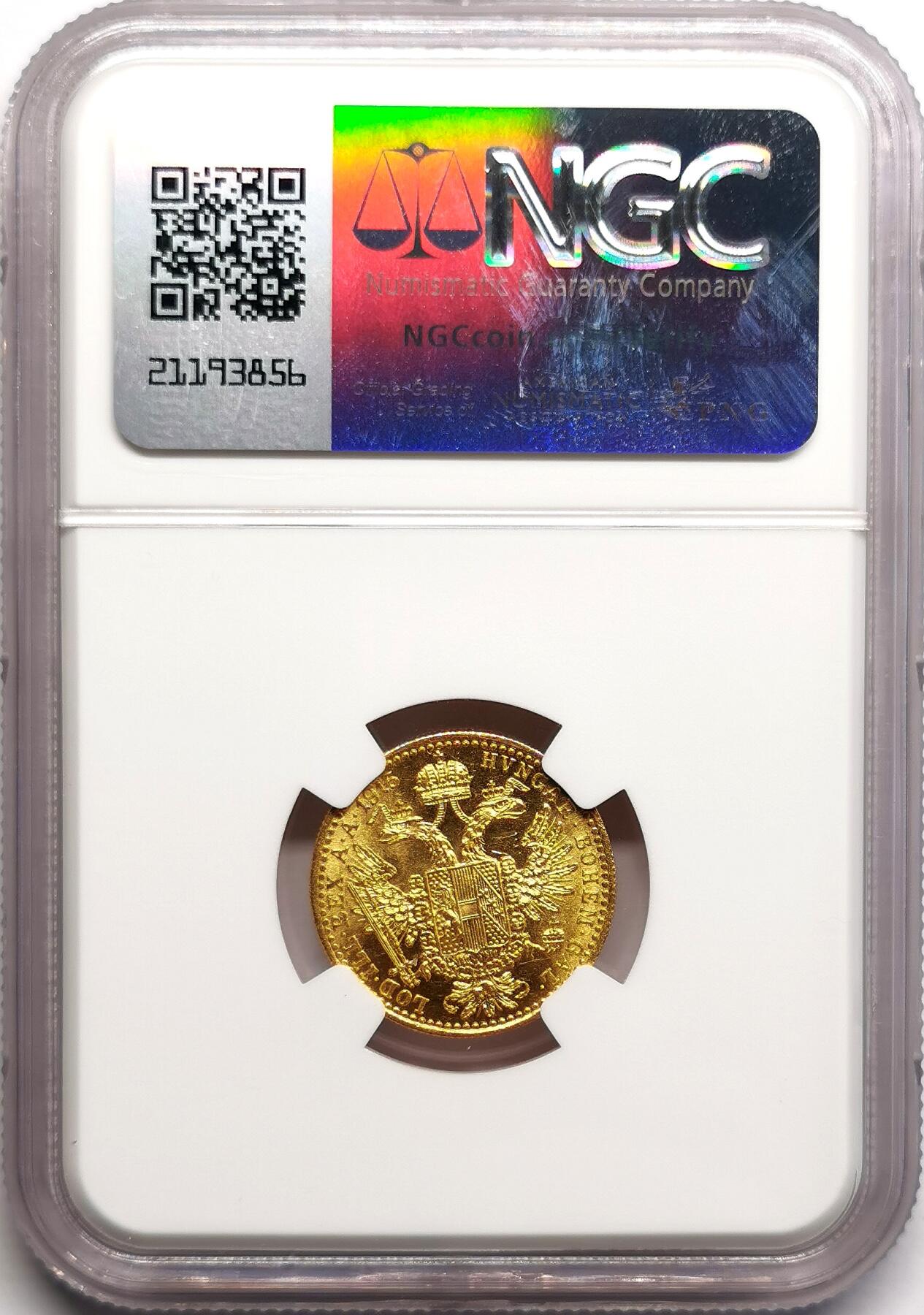 凡希社世界钱币微拍第二百七十五期 1915奥地利弗朗茨一世杜卡特金币NGC-MS63，3.49g，.986金。