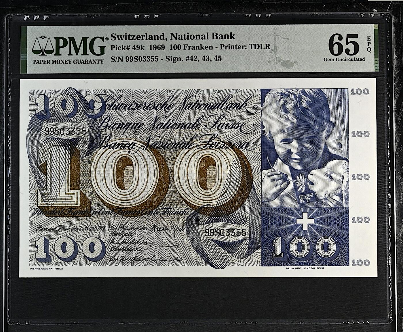 《张总收藏》156期-欧亚外币超精品场 瑞士100法郎 PMG65E 1969年 圣马丁割袍 剪壳裸币收藏首选 无47 双尾