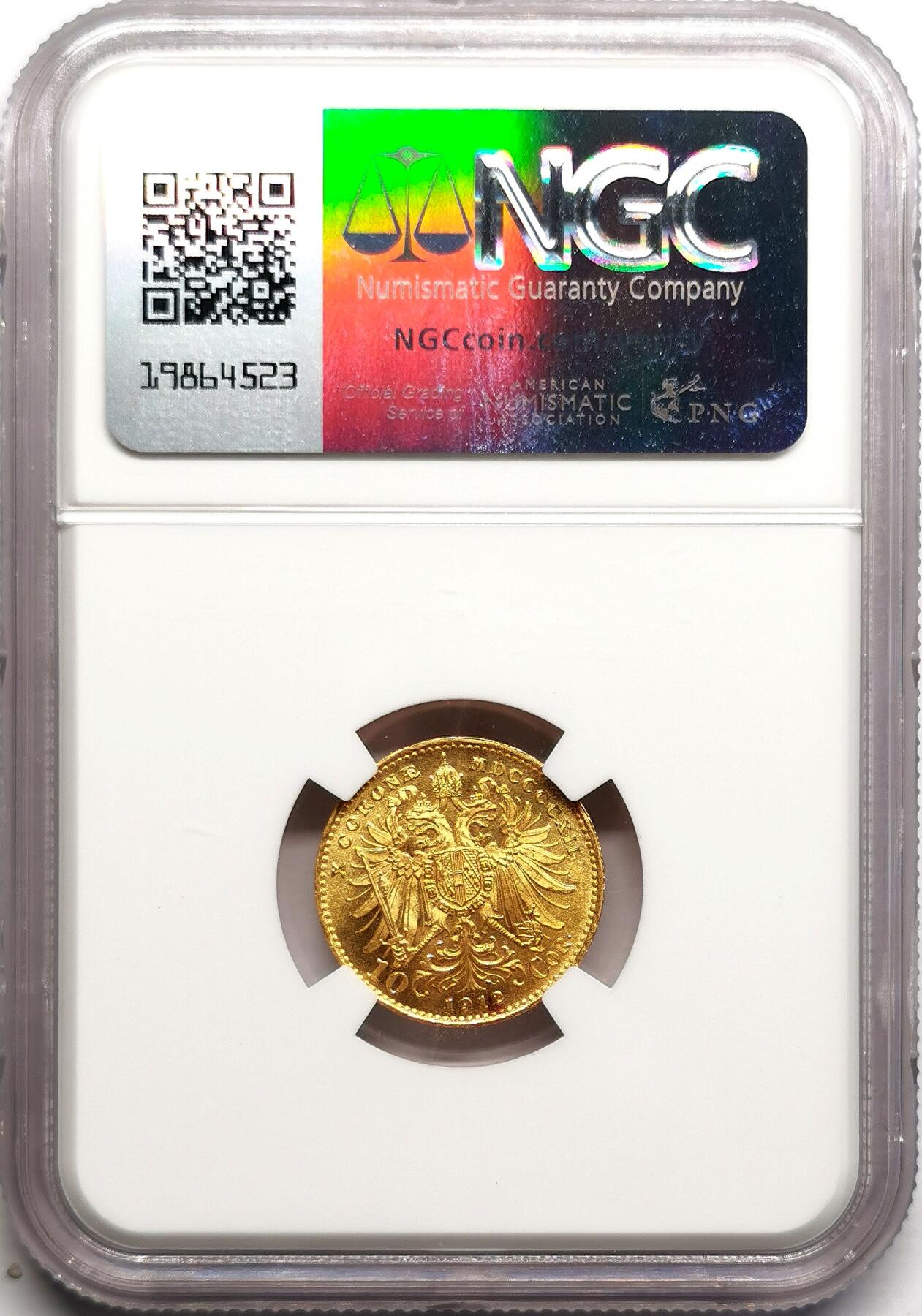 凡希社世界钱币微拍第二百七十五期 1912奥地利10科罗纳金币NGC-MS66，3.387g，.900金。
