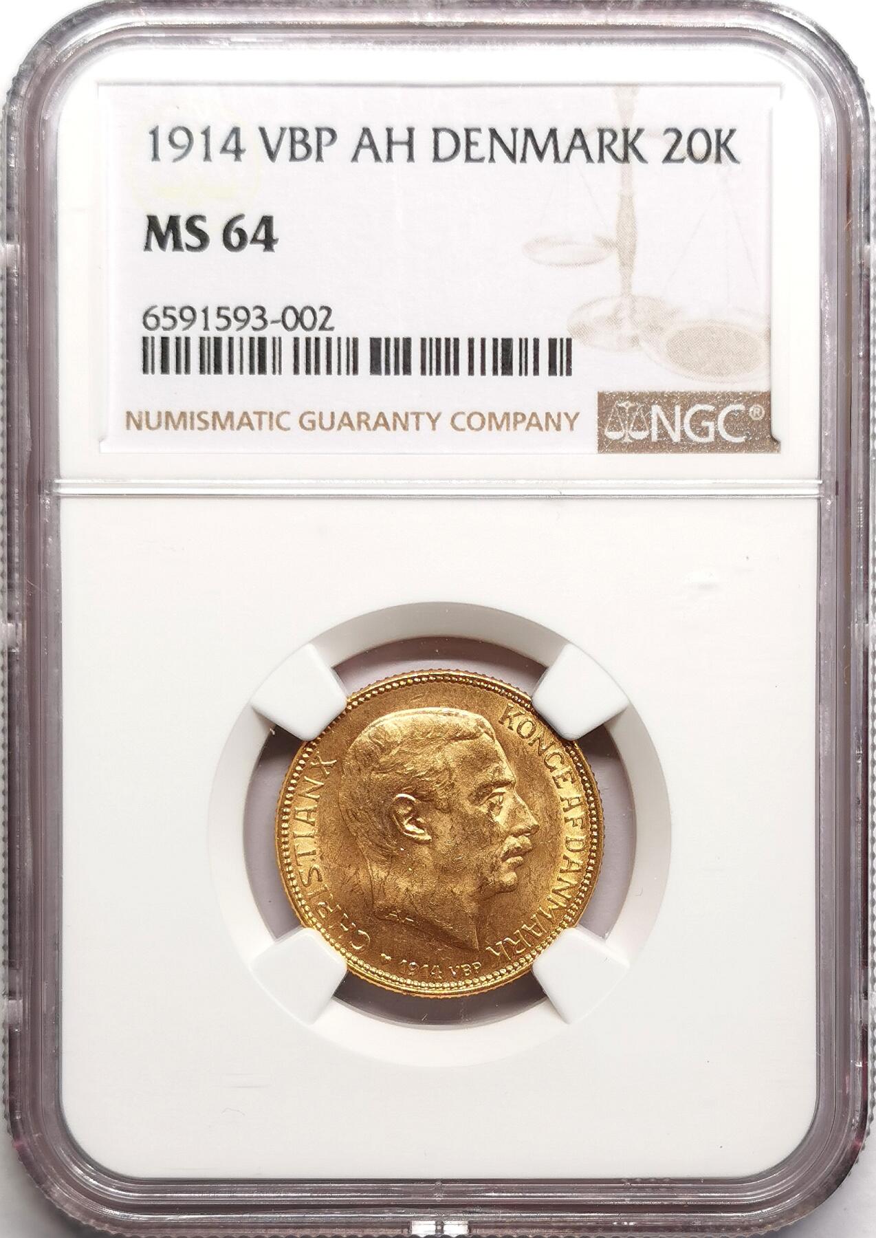 凡希社世界钱币微拍第二百七十五期 1914丹麦克里斯蒂安十世20克朗金币NGC-MS64，8.96g，900金。