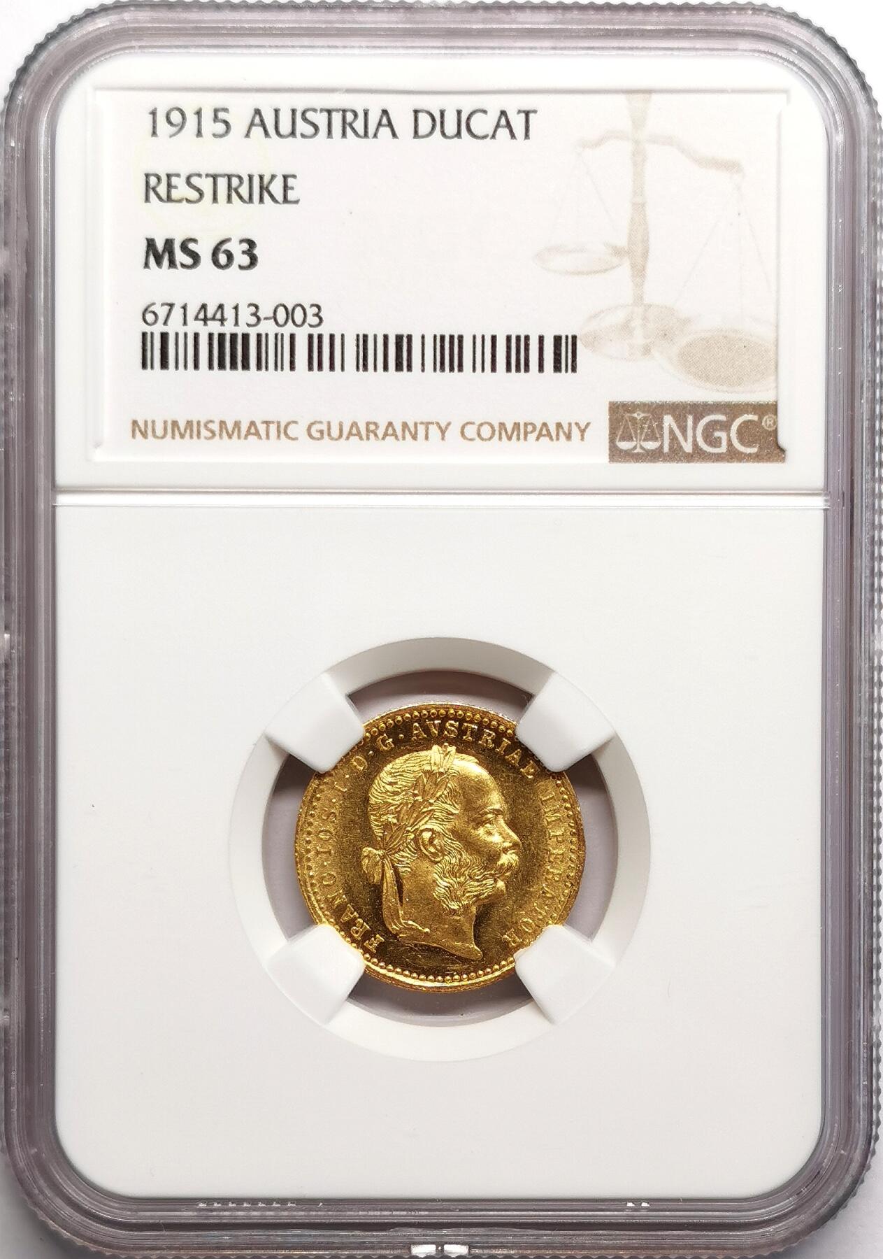 凡希社世界钱币微拍第二百七十五期 1915奥地利弗朗茨一世杜卡特金币NGC-MS63，3.49g，.986金。