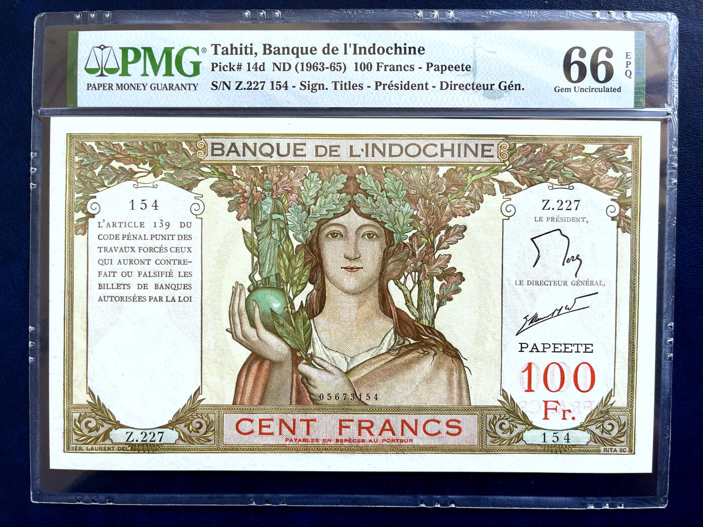 【Blue Auction】✨世界纸币精拍第500期盛典——白金之夜🔥🔥🔥  T-【唯一冠军分】塔希提 1963-65年100法郎 PMG66EPQ 超大票幅 正面女神刻画的神态安详唯美 背面系深知人间疾苦的四面佛 非常精美 一步到位的收藏级