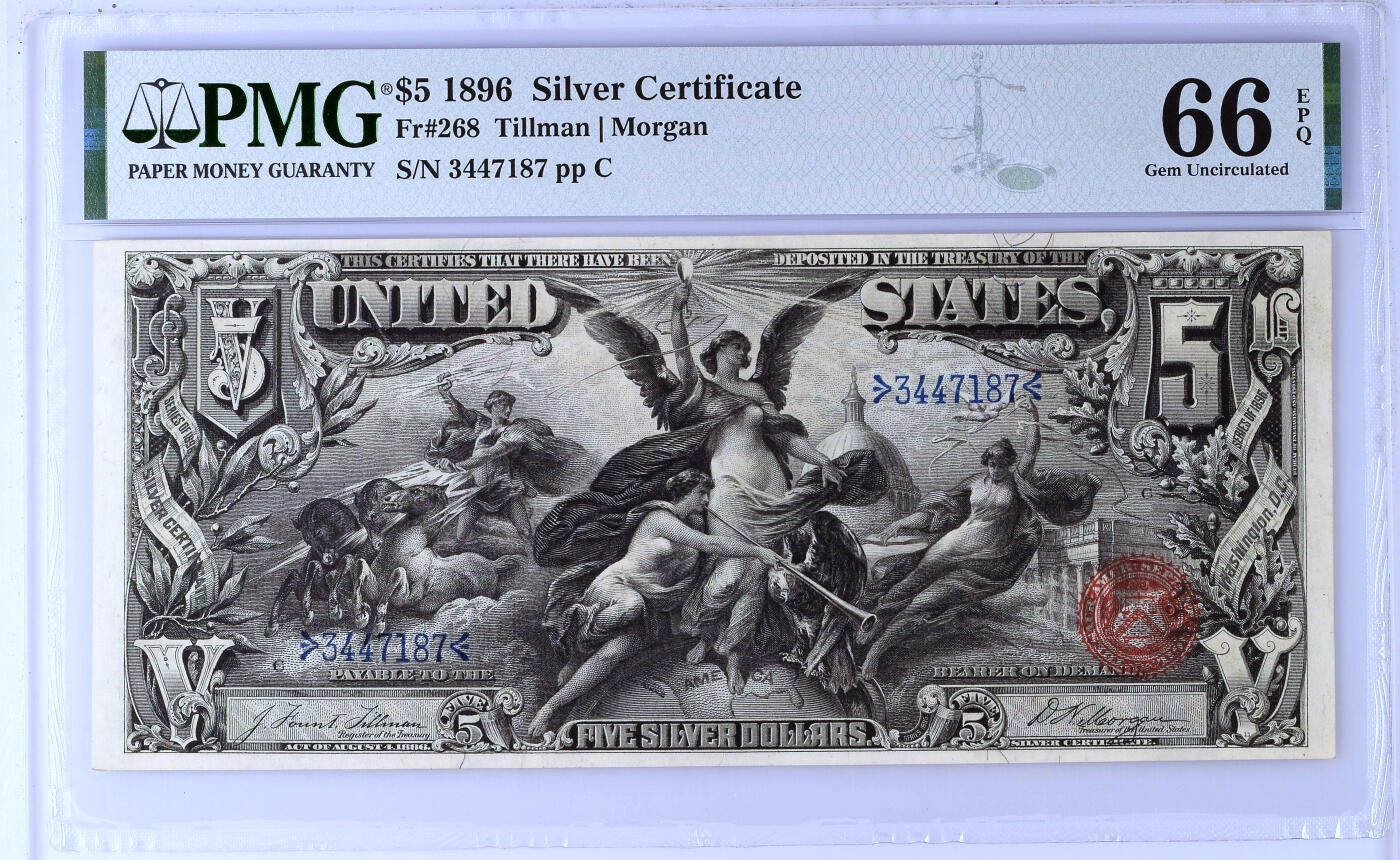 【Blue Auction】✨世界纸币精拍第500期盛典——白金之夜🔥🔥🔥 U-【亚军分 首签】美国 1896年5美金 教育券 PMG66EPQ  老美金玩家必收的进阶标志性品种 拍卖价格不断攀升 由美国雕刻大师W. Shirlaw设计的，主题被称为“呈现给世界的电和光明”。在人物肖像选择方面，背面选用两位在美国南北战争中取得巨大成就的人物肖像作为钞票上的主角。左侧的是联邦军总司令尤利西斯·格兰特，右侧为菲利普·谢里登，雕刻非常细腻。 