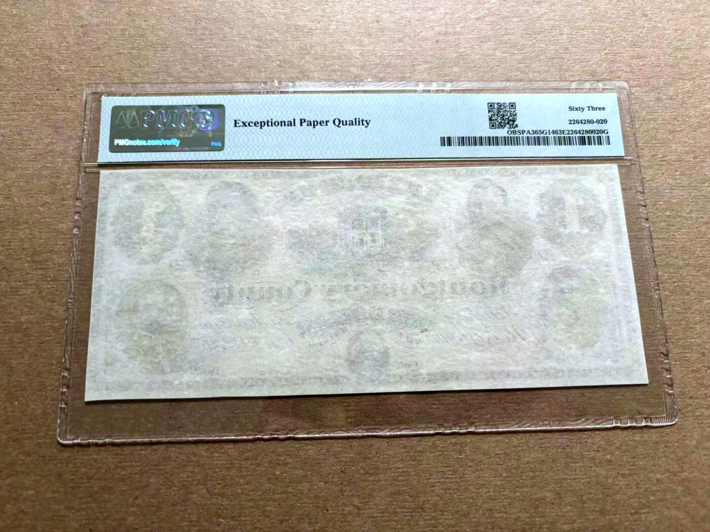 【Blue Auction】✨世界纸币精拍第500期盛典——白金之夜🔥🔥🔥 U-【四将军钞】美国 宾夕法尼亚州 1865年1美金 PMG63EPQ 全新原票 大票幅 该银行成立于1814年，经历了几次战争和金融恐慌，于1865年成为诺里斯敦的蒙哥马利国家银行。这张钞票总是很受欢迎，北方军的沙尔上校、斯莱默将军、汉考克将军和哈特兰夫特将军出现在这张钞票上，这四名军官都与诺里斯顿有联系，他们曾在那里接受过教育、生活过或埋葬。 