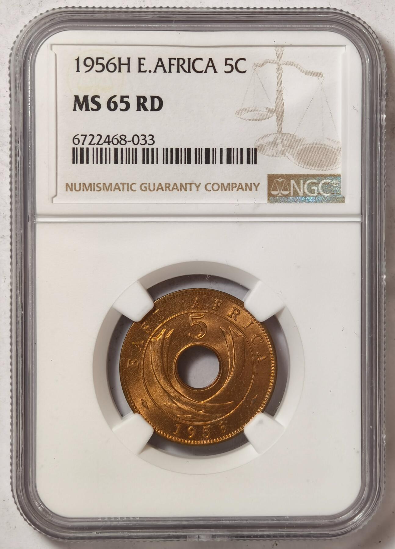 紫瑗钱币——第428期 英属东非 1956年 H版 伊丽莎白二世 5分 铜币 NGC MS65 RD