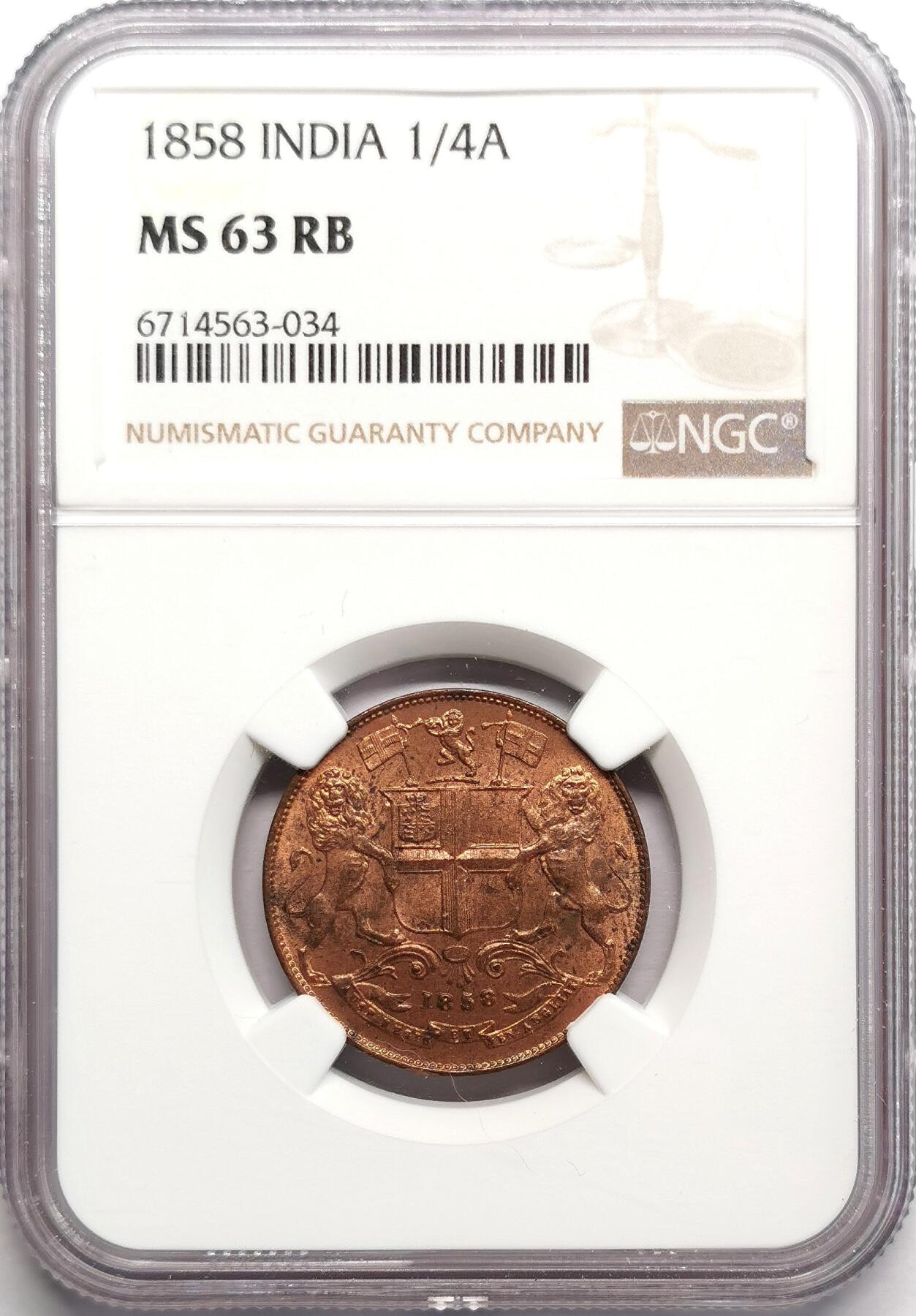 凡希社世界钱币微拍第二百七十五期 1858东印度公司1/4安那铜币NGC-MS63