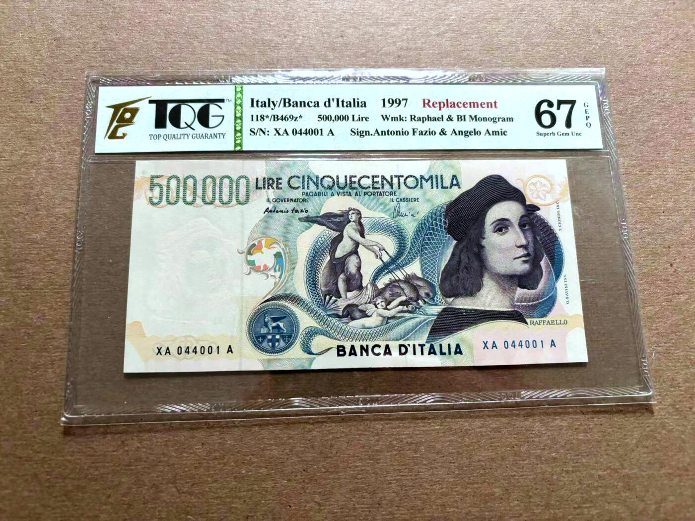 【Blue Auction】✨世界纸币精拍第500期盛典——白金之夜🔥🔥🔥 I-【XAA补号少见 数三】意大利1997年50万里拉 正面背景为拉斐尔画作《嘉拉提亚的凯旋》背面为经典画作《雅典学院》 TQG67GEPQ高分