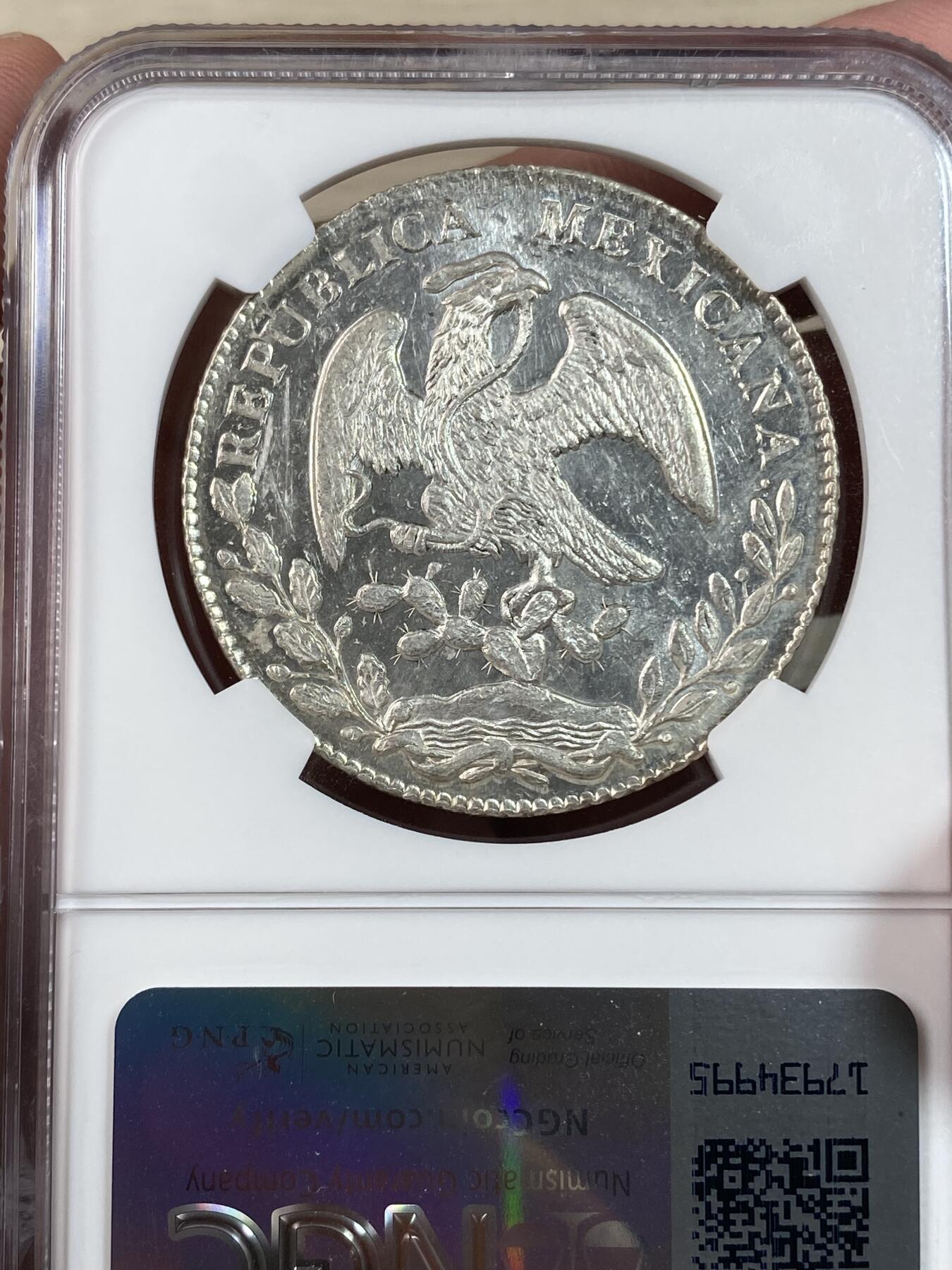 万国钱币拍卖第028期（花前月下●同享良章美币） NGC MS63 1874年墨西哥MO厂8R鹰洋 中期全毛银霜感十足
