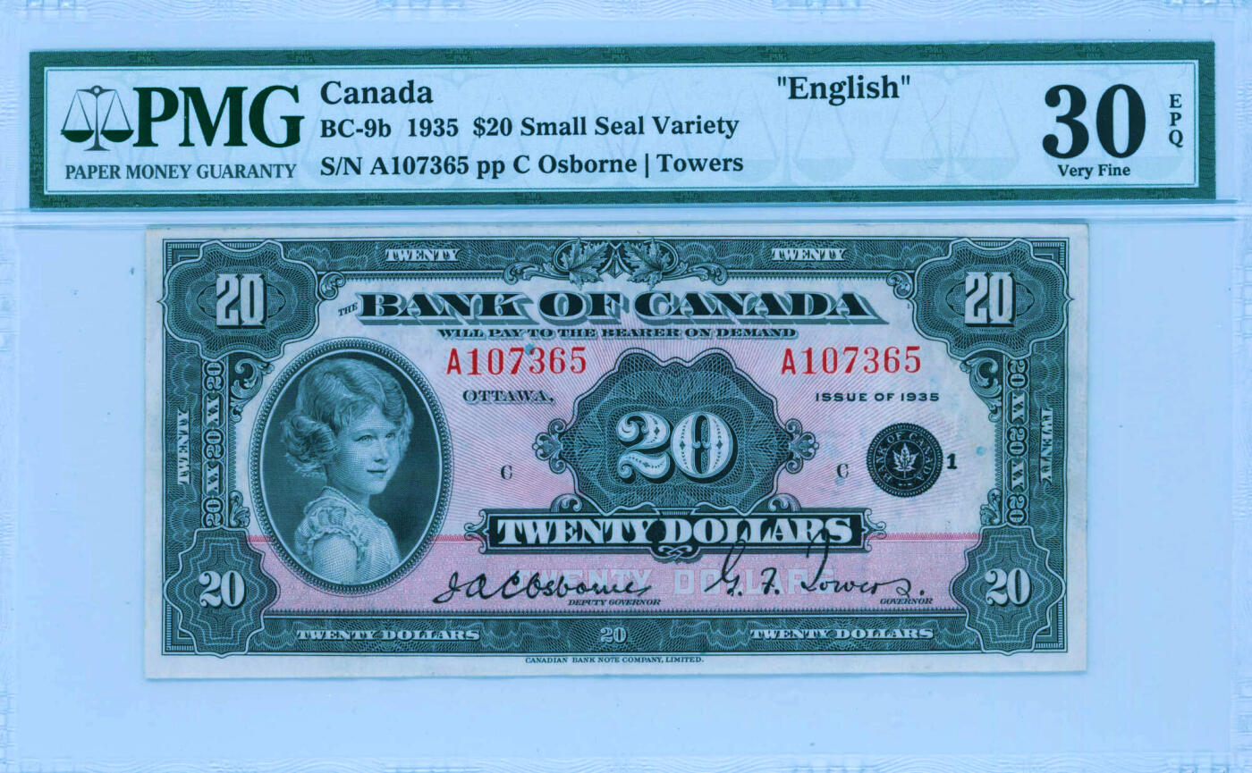 【Blue Auction】✨世界纸币精拍第500期盛典——白金之夜🔥🔥🔥 C-【女王首次肖像出现在纸币上】加拿大 1935年20元 当时还是8岁伊丽莎白公主 甜美纯真可人 当时Edwin Gunn根据皇家儿童官方摄影师马库斯亚当斯拍摄照片所雕刻而成 背面预言故事大场景 非常耐看 精美异常 经典中的经典 PMG30EPQ 原票在所有评级记录中占比非常低 值得收藏 