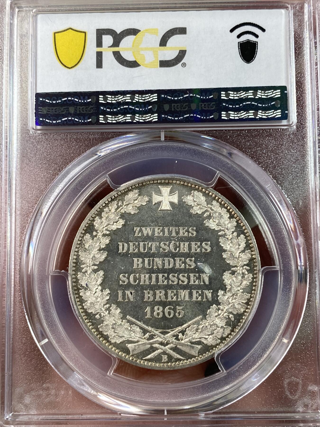 万国钱币拍卖第028期（花前月下●同享良章美币） PCGS MS65PL 1865年德国不莱梅射击节纪念流通1泰勒 极致的工艺品质 完全的镜面表现 实属尤物
