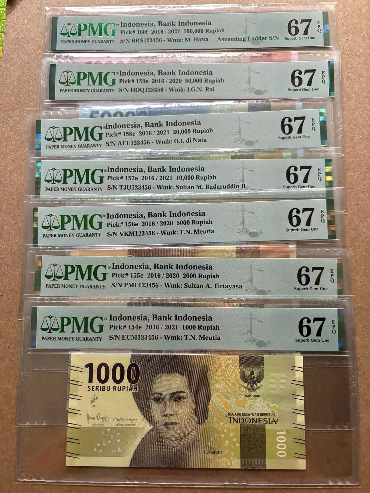 【Blue Auction】✨世界纸币精拍第500期盛典——白金之夜🔥🔥🔥 I-【一组7张全套 123456阶梯号】印度尼西亚 2016年1000-10万卢比 PMG67EPQ 高分 