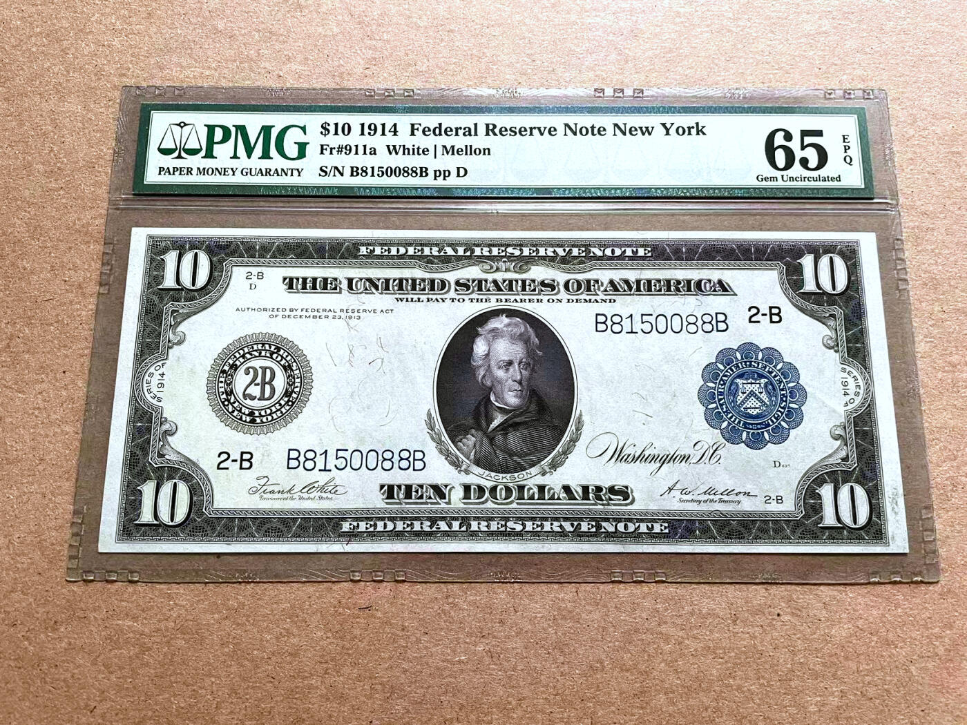 【Blue Auction】✨世界纸币精拍第500期盛典——白金之夜🔥🔥🔥  U-【88尾无47】美国 1914年10美金 大票幅 纽约版 正面杰克逊 背面工业与农业 大场景 雕刻精美 PMG65EPQ 老壳