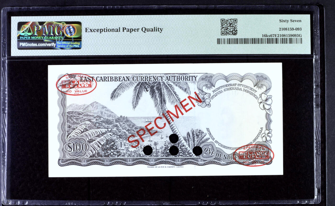 【Blue Auction】✨世界纸币精拍第500期盛典——白金之夜🔥🔥🔥 E-【冠军分】东加勒比 1965年100元 戎装女王 PMG67EPQ  高分样钞 定让不少女王纸币藏家蠢蠢欲动 背面东加勒比海风光令人心醉 