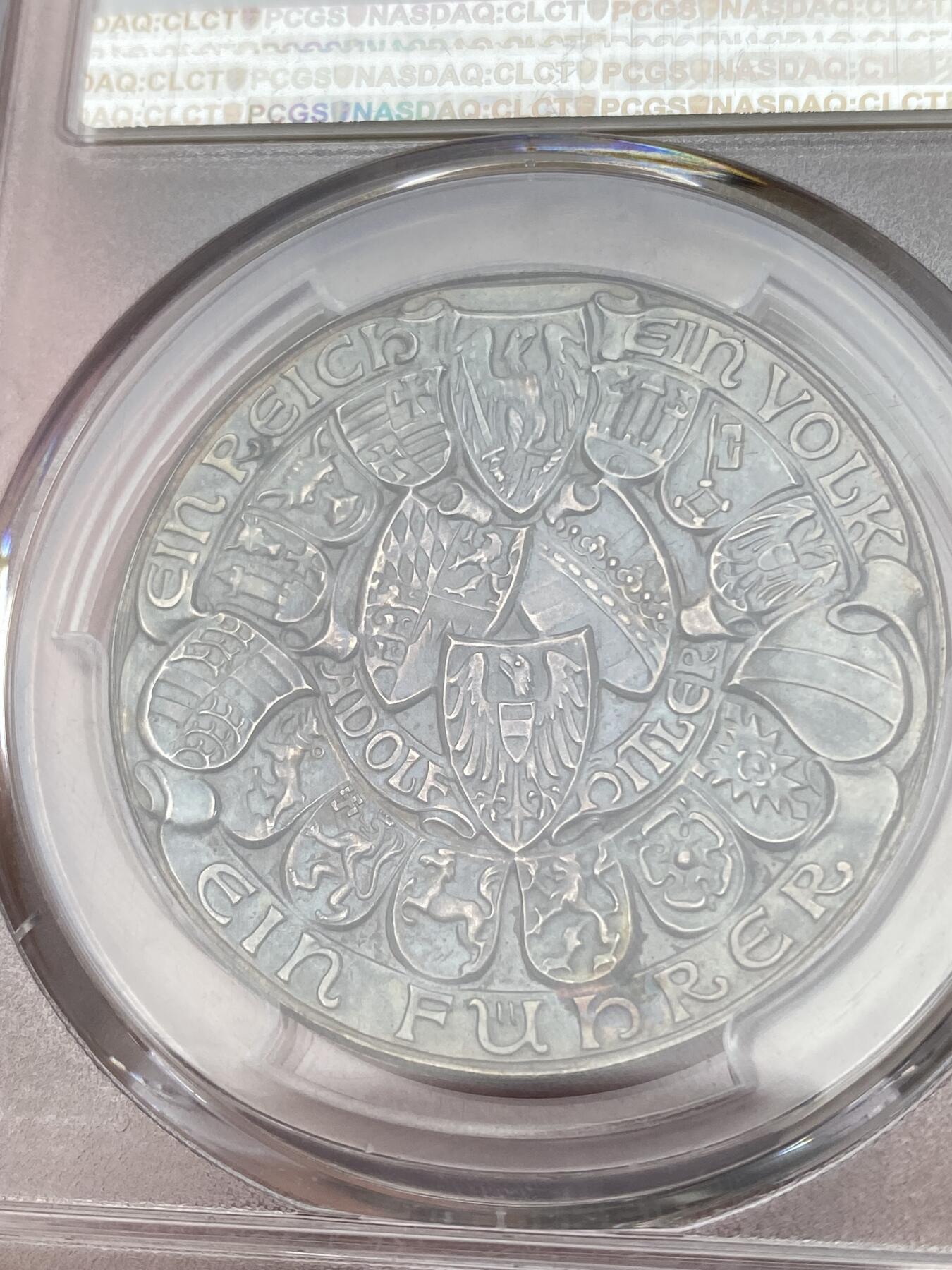 万国钱币拍卖第028期（花前月下●同享良章美币） PCGS SP63 1938年德国吞并奥地利纪念银章 卡尔·哥茨倾力设计 帝国双鹰合并 邦徽大联盟