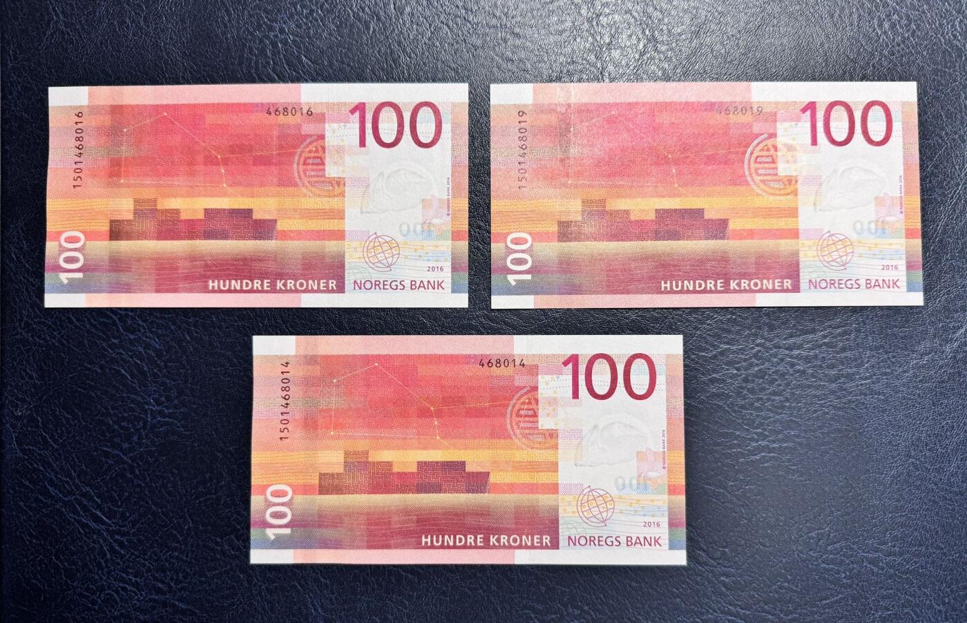 收藏联盟Quantum Auction 第357期拍卖  挪威2016年100克朗三张  品相全新UNC 维京战船