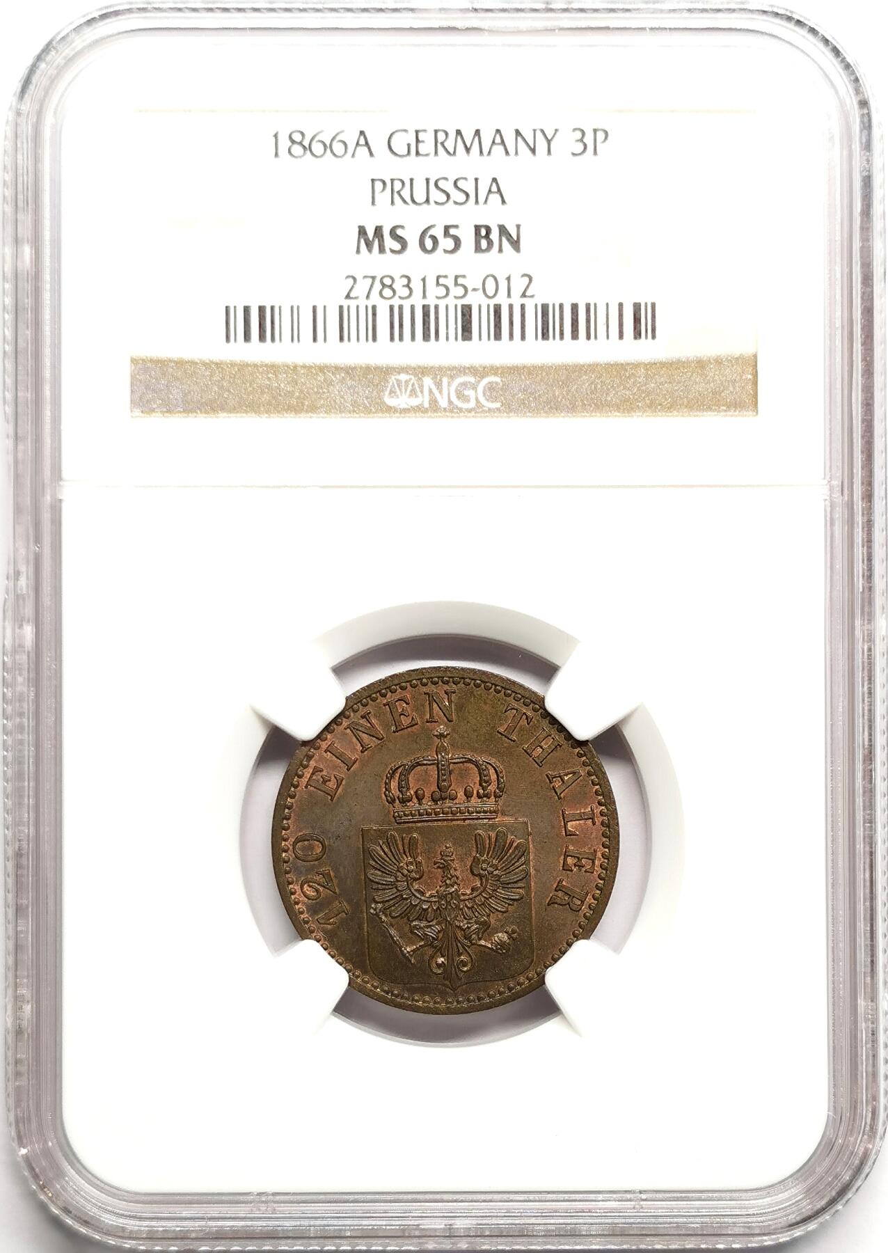 凡希社世界钱币微拍第二百七十五期 1866A德国普鲁士3芬尼铜币NGC-MS65