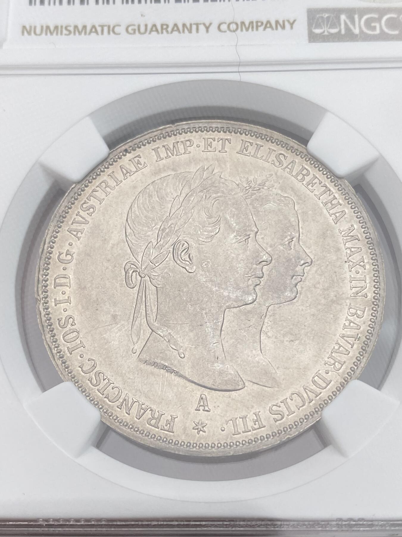 万国钱币拍卖第028期（花前月下●同享良章美币） NGC MS61 1854年奥地利佛朗茨一世与伊丽莎白皇后结婚纪念2古尔登大银币 茜茜公主的名誉结婚系列
