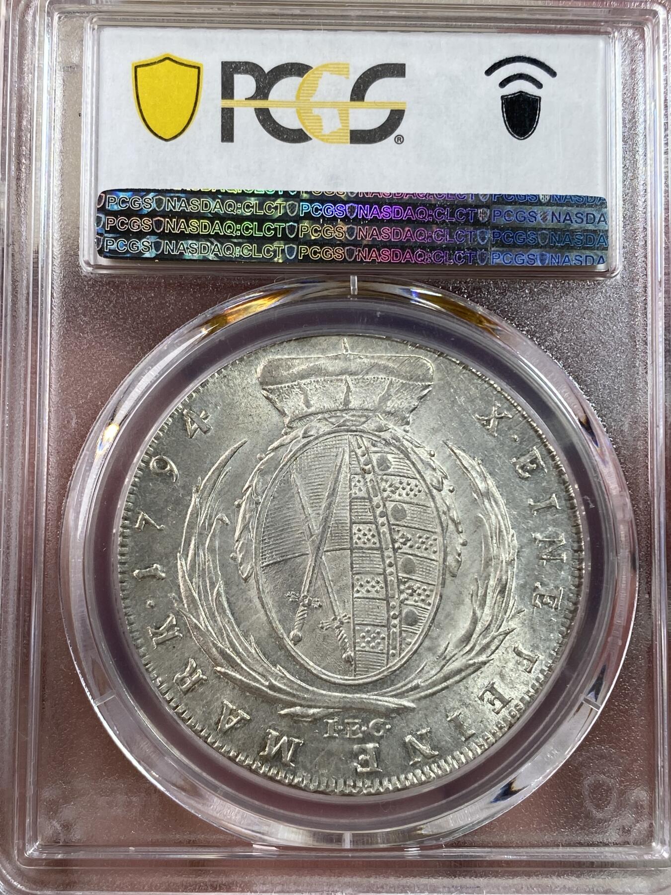 万国钱币拍卖第028期（花前月下●同享良章美币） PCGS MS62 1794年德国萨克森皇冠大泰勒 所谓的“半机制”币工艺巅峰之作 常见都有不少减重痕 此枚状态极佳 收藏良品