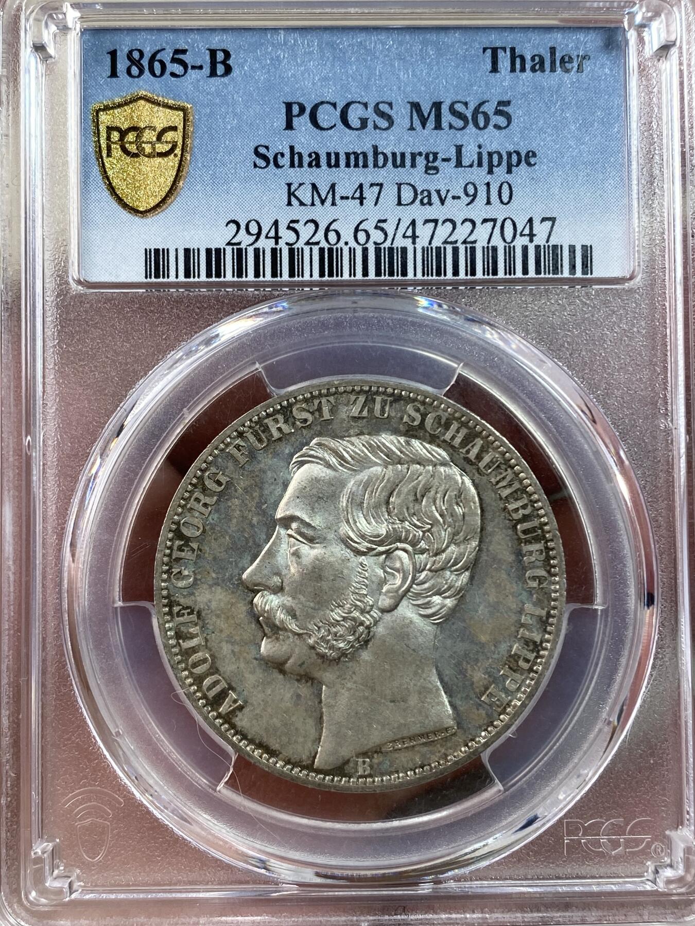 万国钱币拍卖第028期（花前月下●同享良章美币） PCGS MS65 1865年德国绍姆堡-利普天使1泰勒 单年发行7000枚的小邦天使泰勒 汉诺威厂的巅峰之作 无论彩虹般的包浆还是镜子般的底板都将这枚泰勒勾勒为完美的完全体收藏品 PCGS唯二冠军分