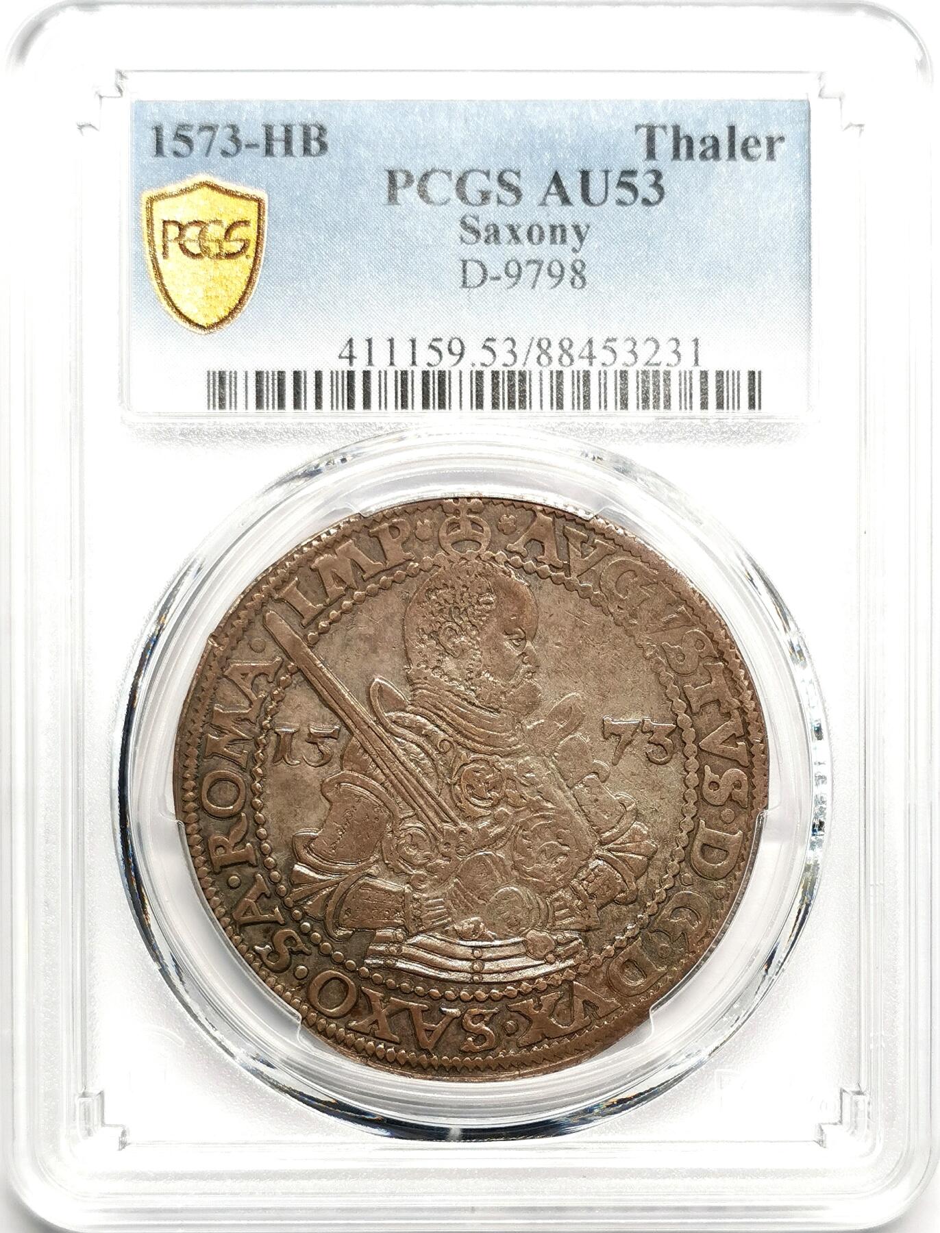 凡希社世界钱币微拍第二百七十五期 荐！1573HB德国萨克森戎装执剑大型泰勒PCGS-AU53，欧陆灰彩味道一流！