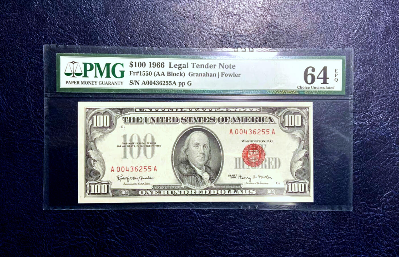 【Blue Auction】✨世界纸币精拍第500期盛典——白金之夜🔥🔥🔥 U-【AA冠】美国 1966年100美金 富兰克林 PMG64EPQ 全新原票 老壳