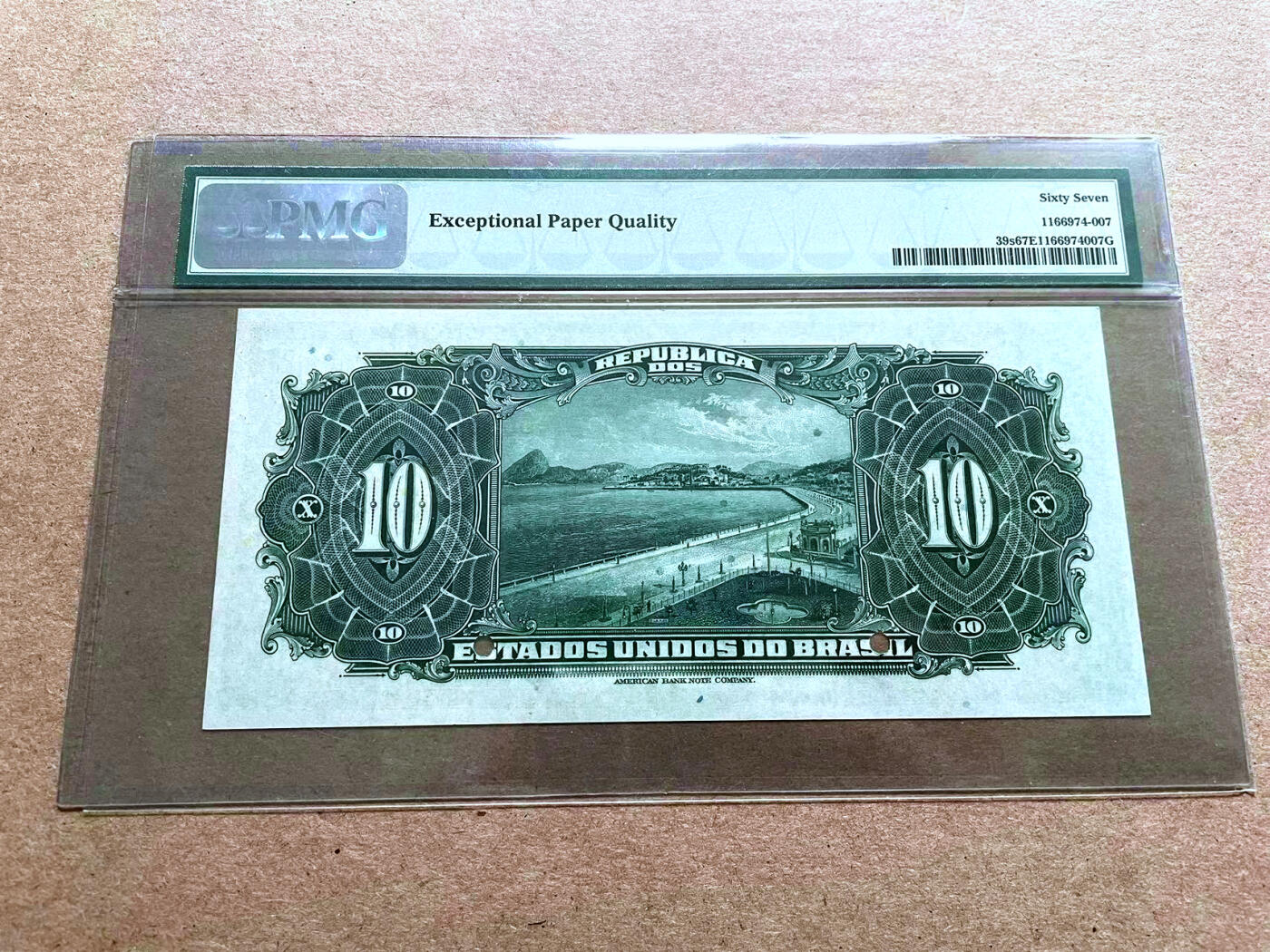 【Blue Auction】✨世界纸币精拍第500期盛典——白金之夜🔥🔥🔥 B-【冠军分】巴西 早期 1925年10Mil Reis PMG67EPQ 顶级高分 样钞 ABNC出品雕刻精美 人像及背面大场景风景 都非常出众 