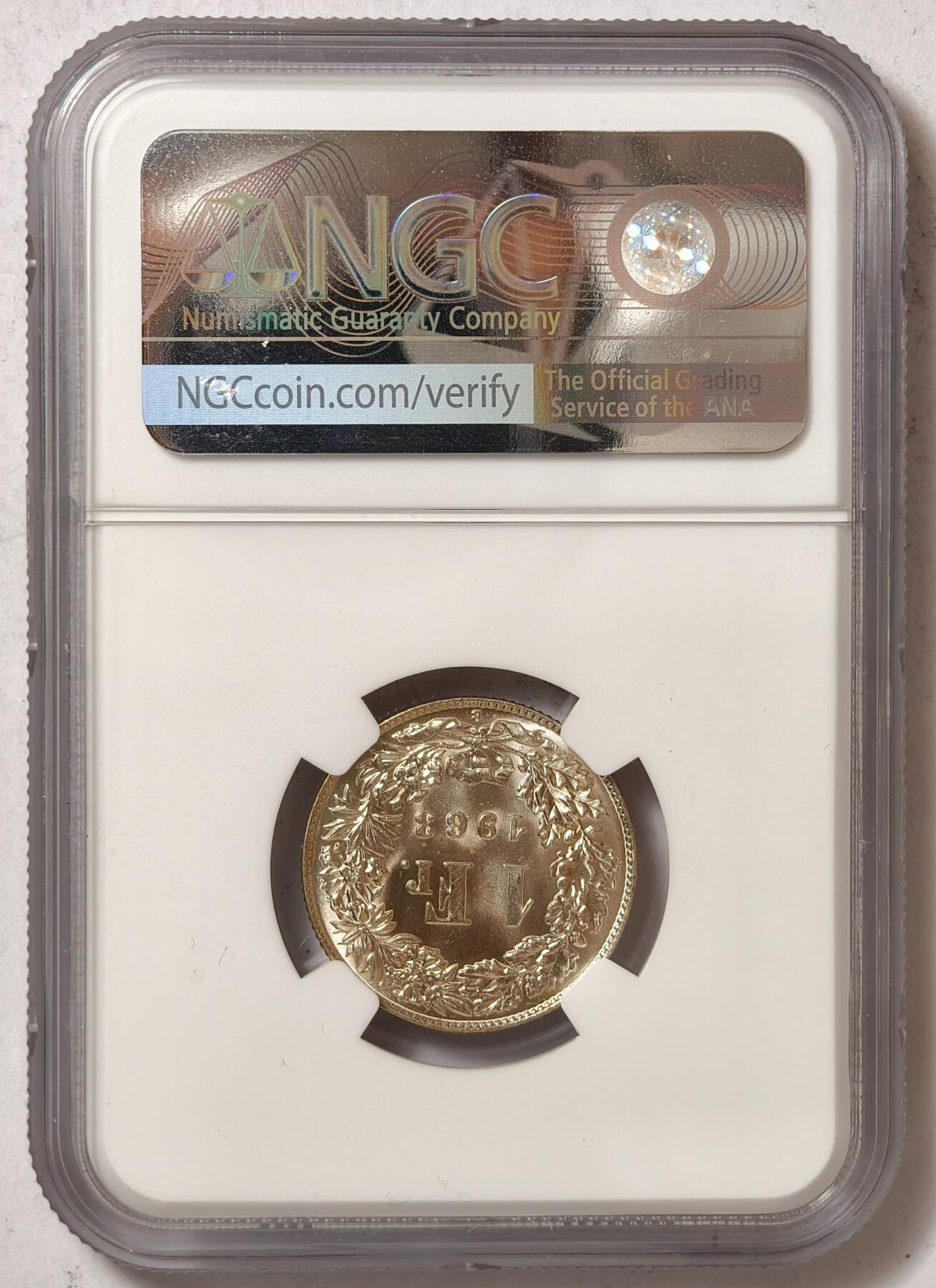 紫瑗钱币——第374期拍卖 瑞士 1963年 B版 赫尔维蒂亚 1法郎 银币 NGC MS65