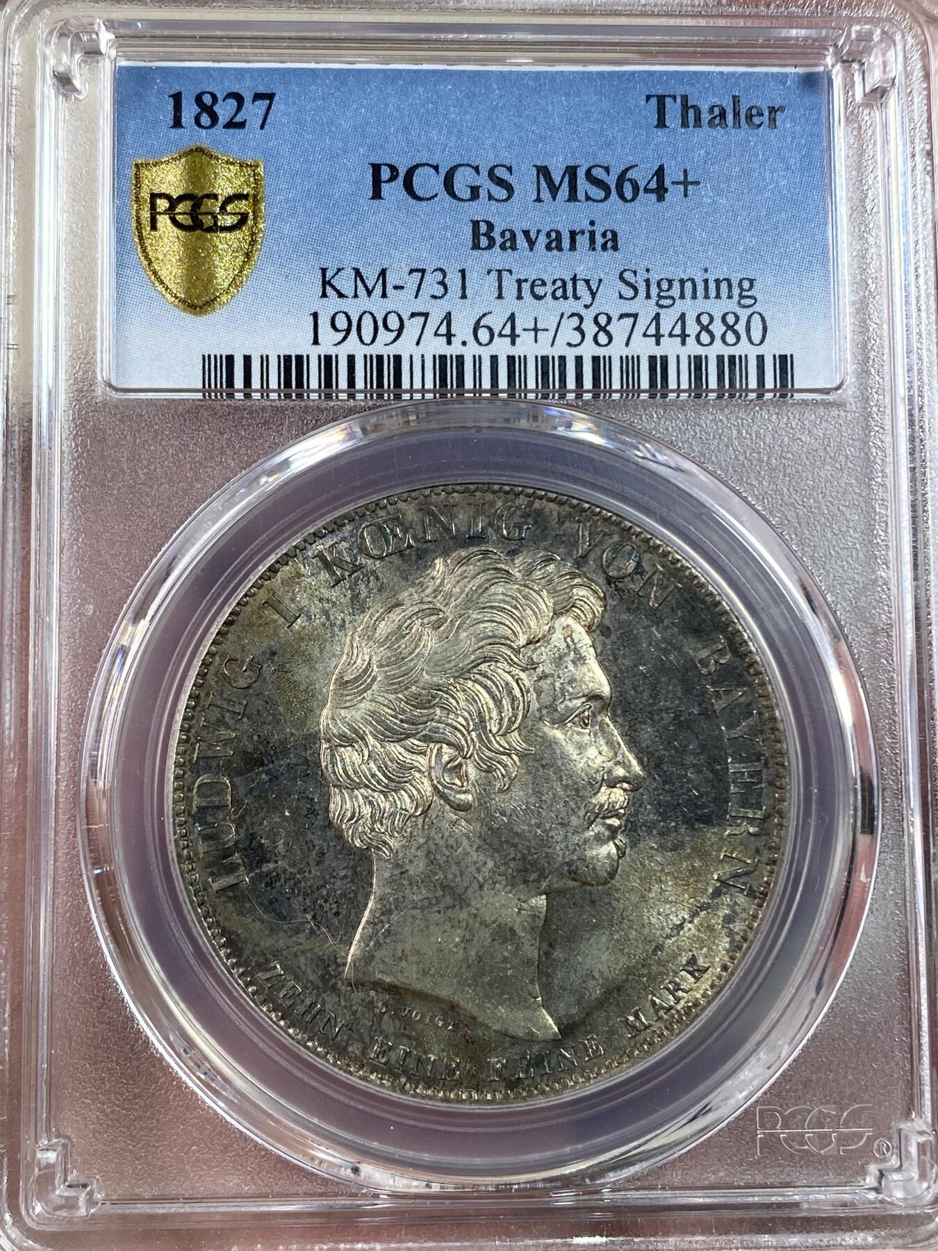 万国钱币拍卖第028期（花前月下●同享良章美币） PCGS MS64+ 1827年德国巴伐利亚路德维希一世海关条约大泰勒 纪念巴伐利亚州和符腾堡州签署海关条约 老彩转光 完全原味的状态 PC唯一亚军分 