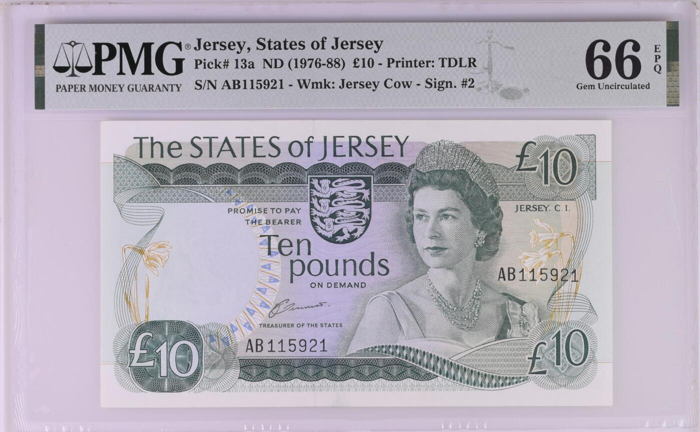 【Blue Auction】✨世界纸币精拍第500期盛典——白金之夜🔥🔥🔥 J-【无47】泽西 1976-88年10镑 高冠女王 背面大场景 设计精美 PMG66EPQ 