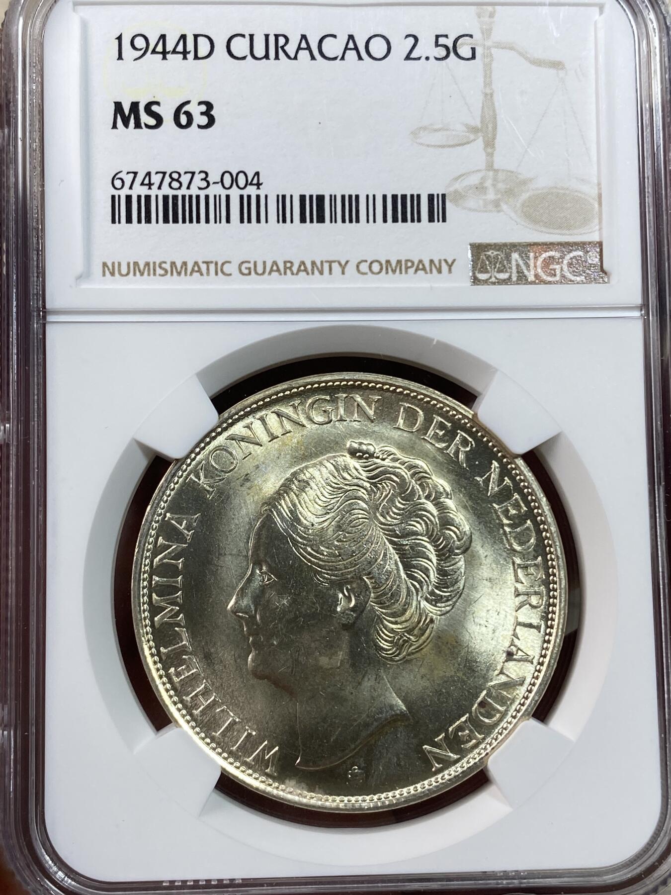 万国钱币拍卖第028期（花前月下●同享良章美币） NGC MS63 1944年荷属安德烈斯群岛库拉索2.5盾大银币 中年威廉敏娜女王