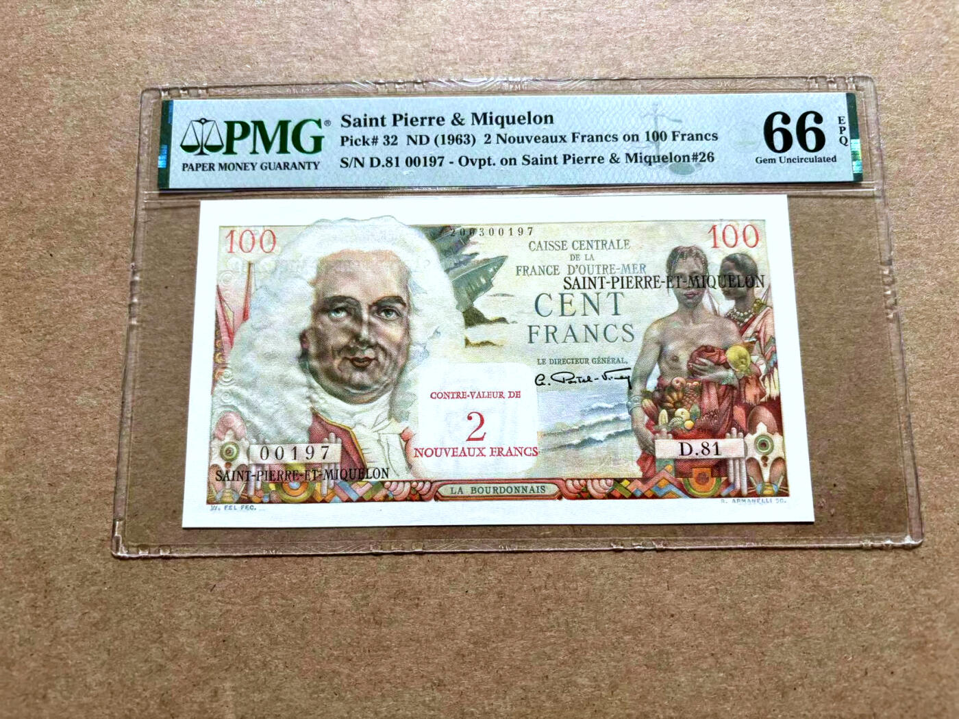 【Blue Auction】✨世界纸币精拍第500期盛典——白金之夜🔥🔥🔥 S-【197小号】圣皮埃尔和密克隆 1963年2新法郎=100法郎 裸女 色彩艳丽PMG66EPQ 设计精美 法属风
