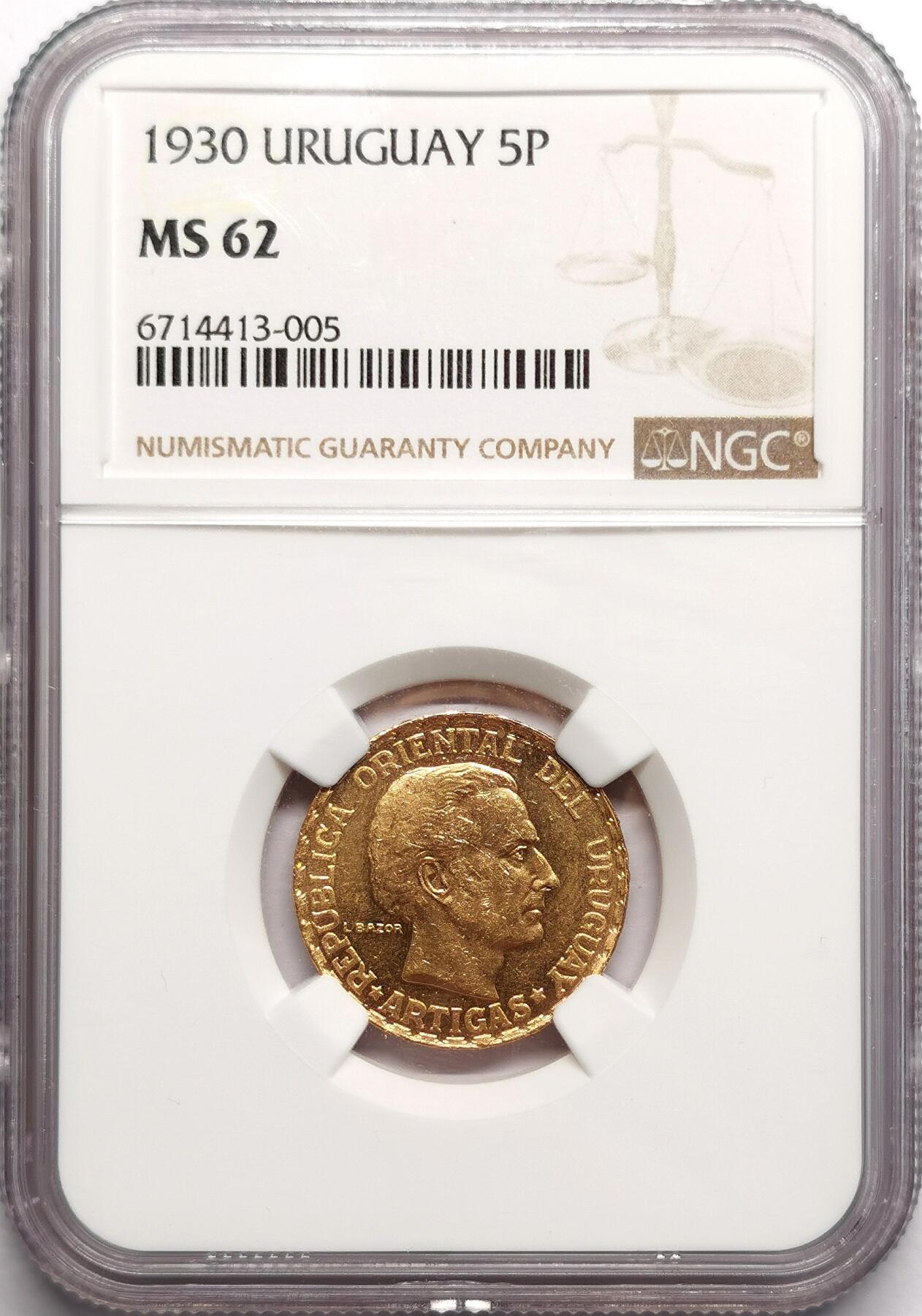 凡希社世界钱币微拍第二百七十五期 1930乌拉圭5比索金币NGC-MS62，8.485g，917金，铸造100000枚，仅有14415枚投入流通。