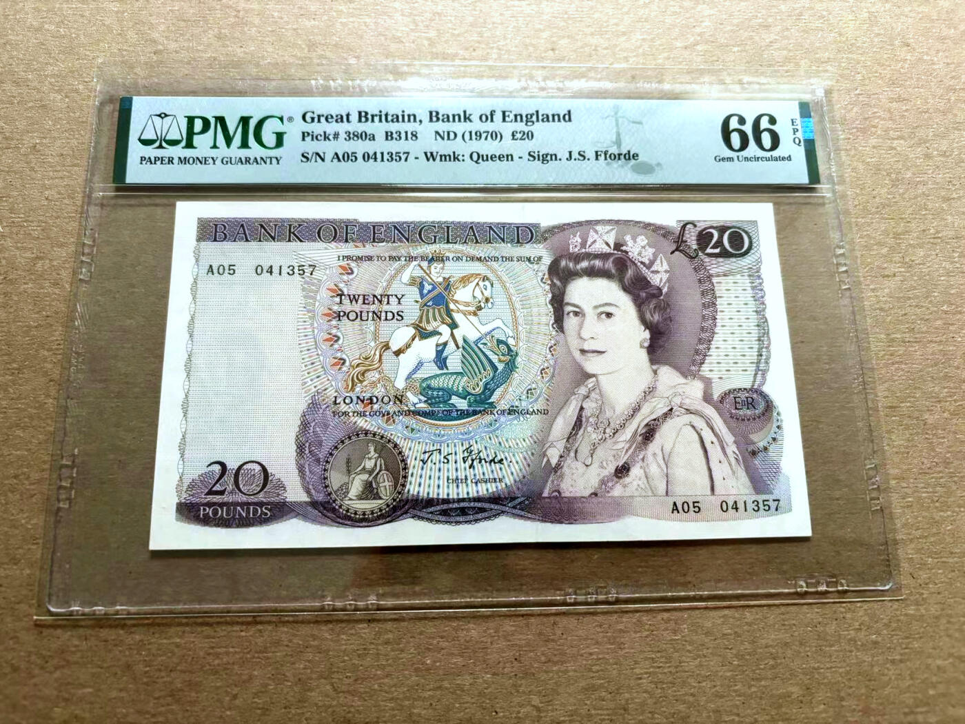 【Blue Auction】✨世界纸币精拍第500期盛典——白金之夜🔥🔥🔥 G-【少见末冠A05冠 a签 目录价甚至高于首发冠】英国 D序列 1970年20镑 PMG66EPQ