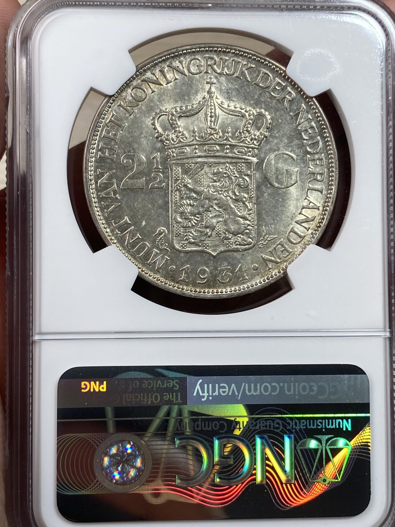 万国钱币拍卖第028期（花前月下●同享良章美币） NGC MS62 1931年荷兰王国威廉敏娜2.5盾大银币 黄油彩光
