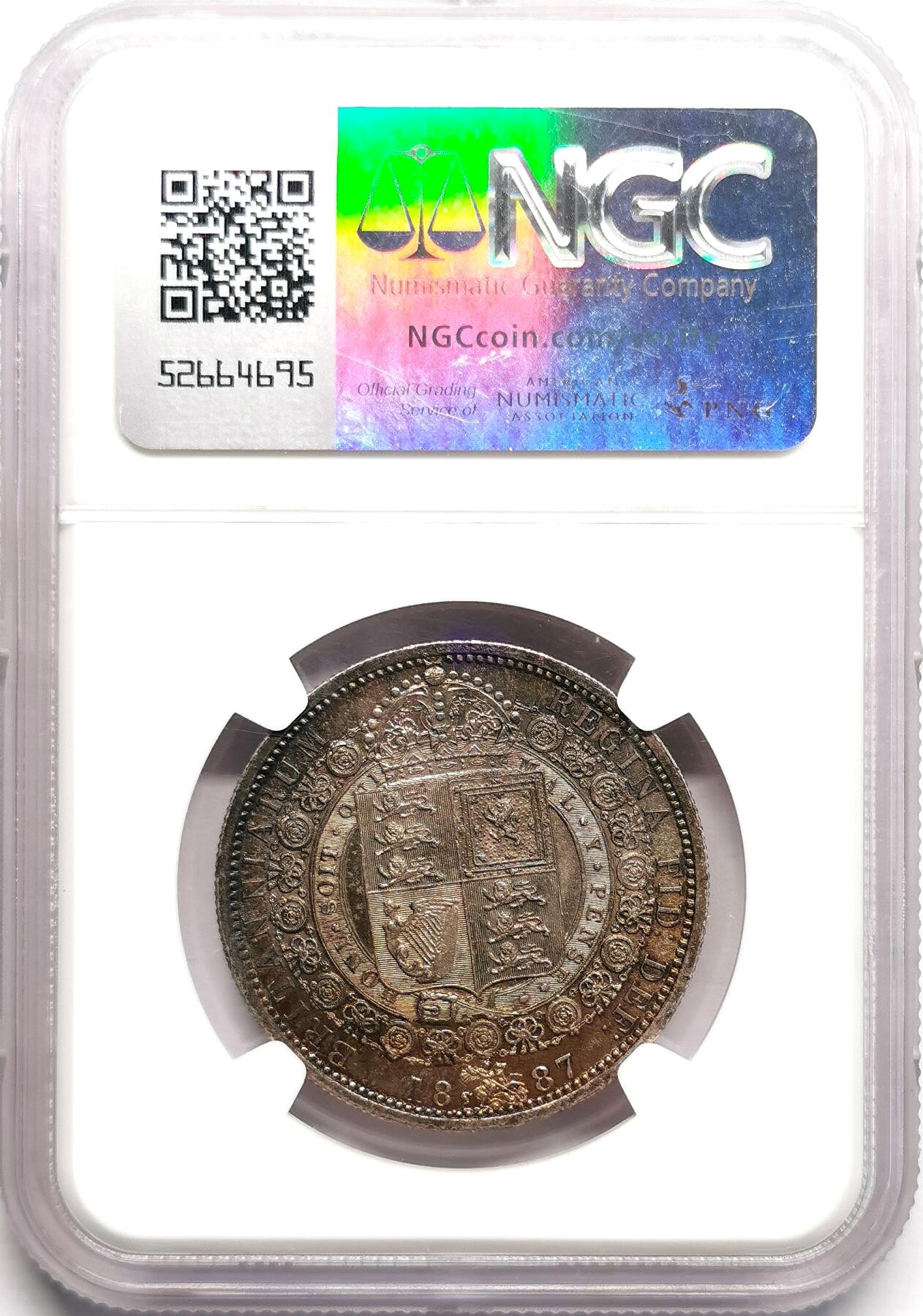 凡希社世界钱币微拍第二百七十五期 1887英国老维1/2克朗银币NGC-MS64绝美深五彩！