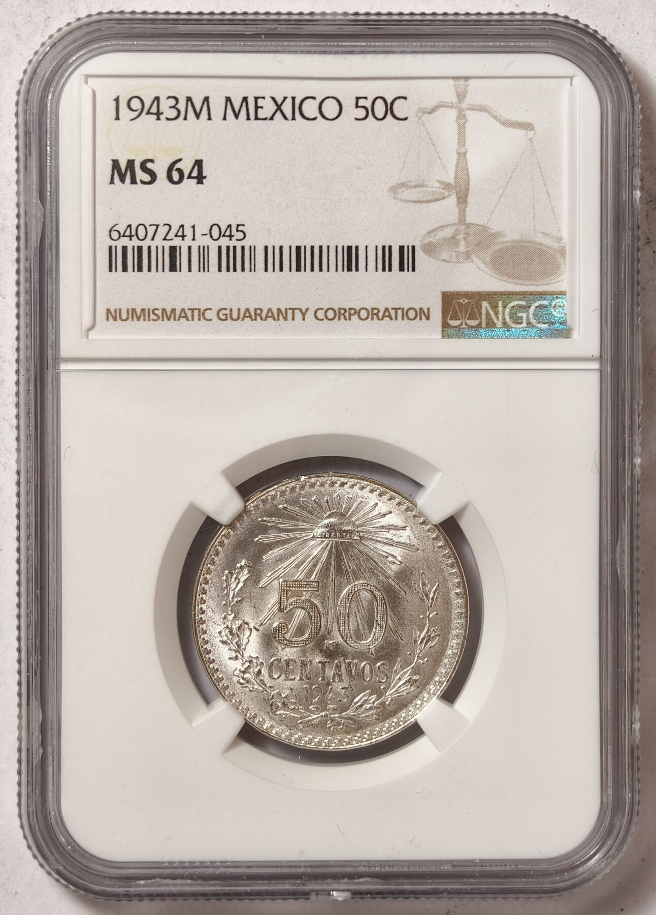 紫瑗钱币——第428期 墨西哥 1943年 M版 鹰洋 50分 银币 NGC MS64