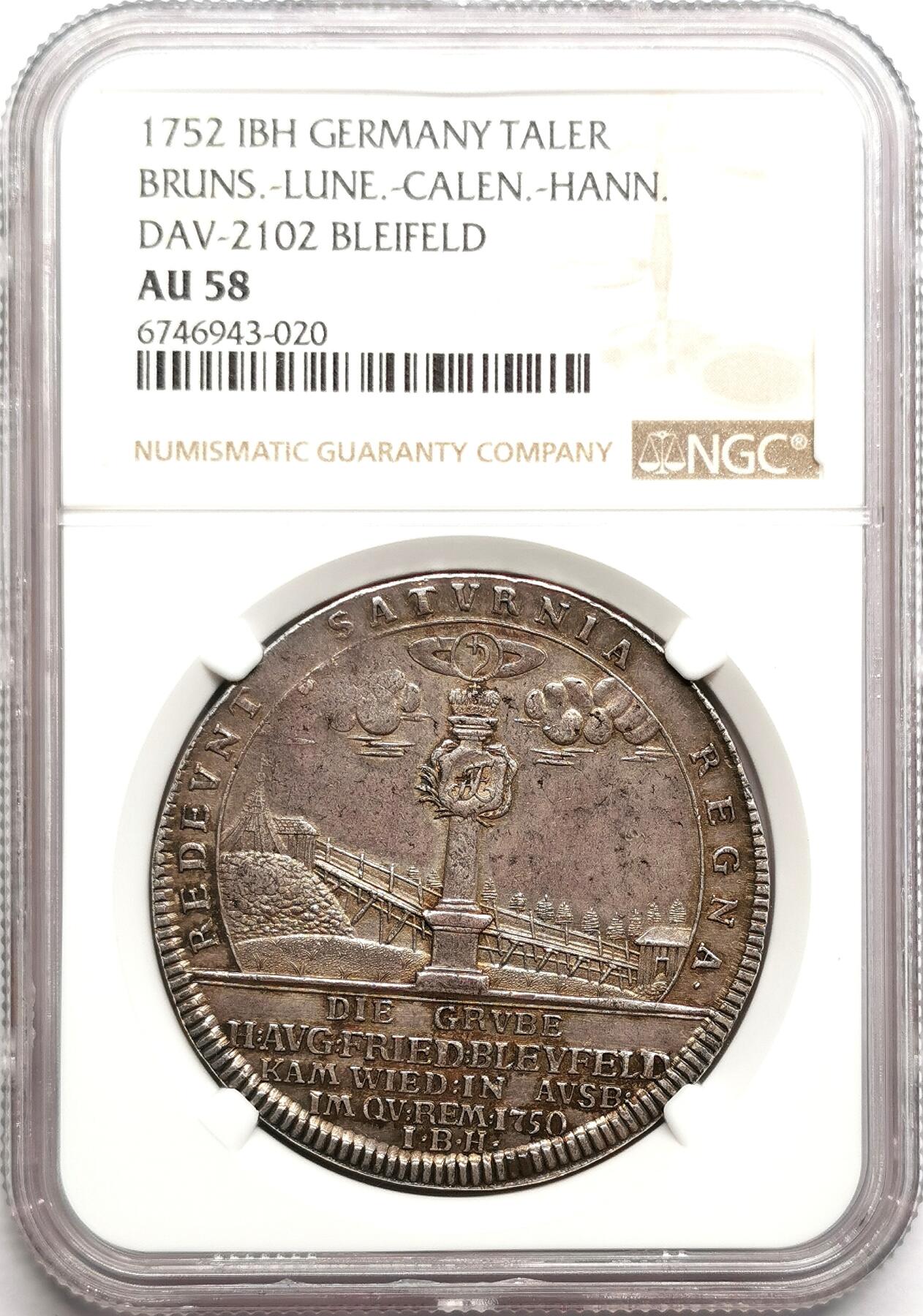 凡希社世界钱币微拍第二百七十五期 稀！1752IBH德国布伦瑞克-吕内堡-加伦堡-汉诺威矿业泰勒大银NGC-AU58，DAV#2102，珍稀二年型，英王乔治二世时期欧洲领地，N唯一冠军分！