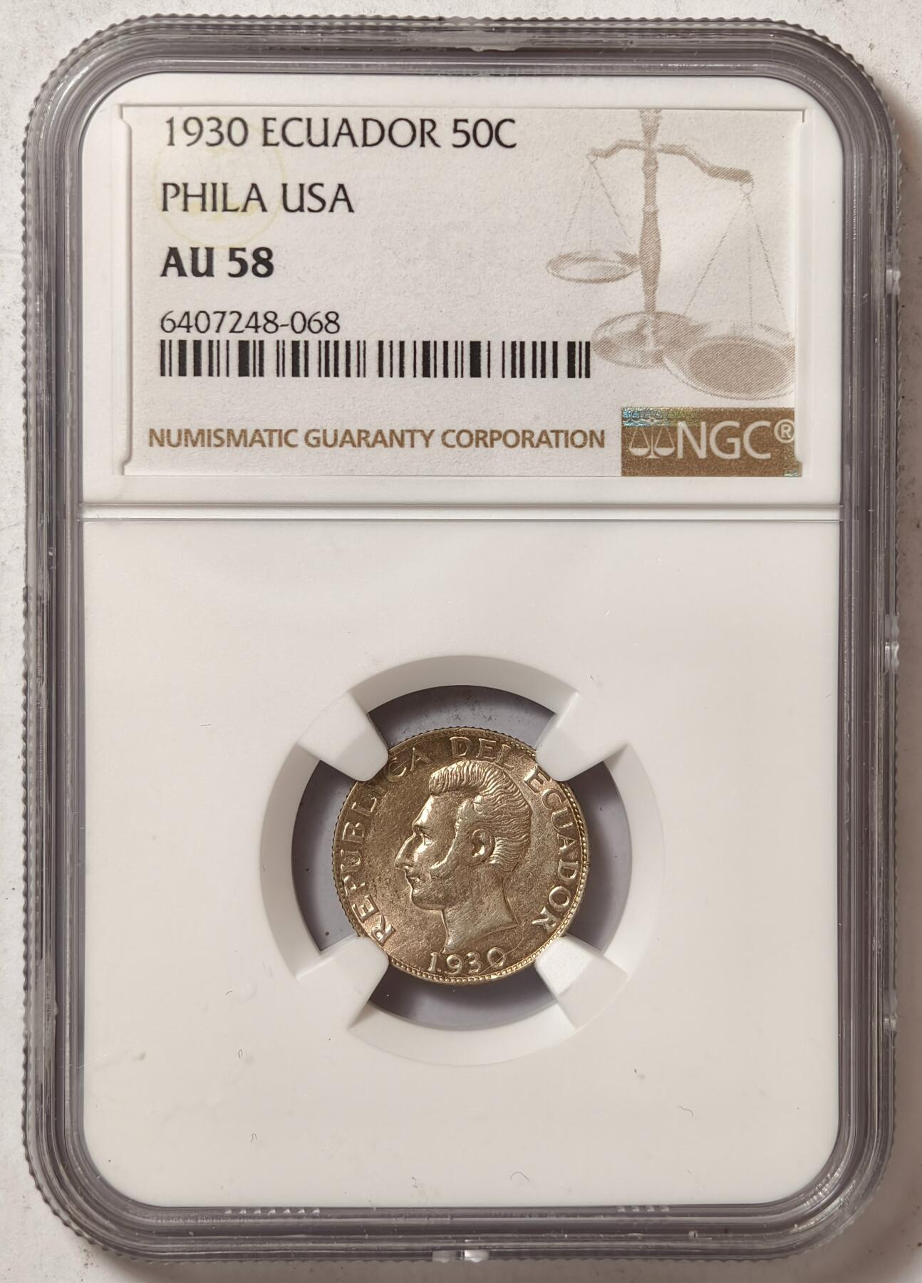 紫瑗钱币——第374期拍卖 厄瓜多尔 1930年 费城造币厂 50分 银币 NGC AU58