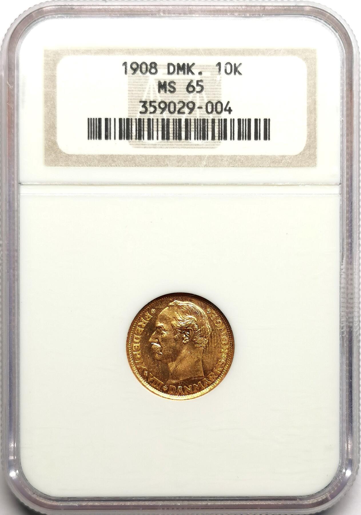 凡希社世界钱币微拍第二百七十五期 1908丹麦10克朗金币NGC-MS65高分收藏级！4.48g，900金。