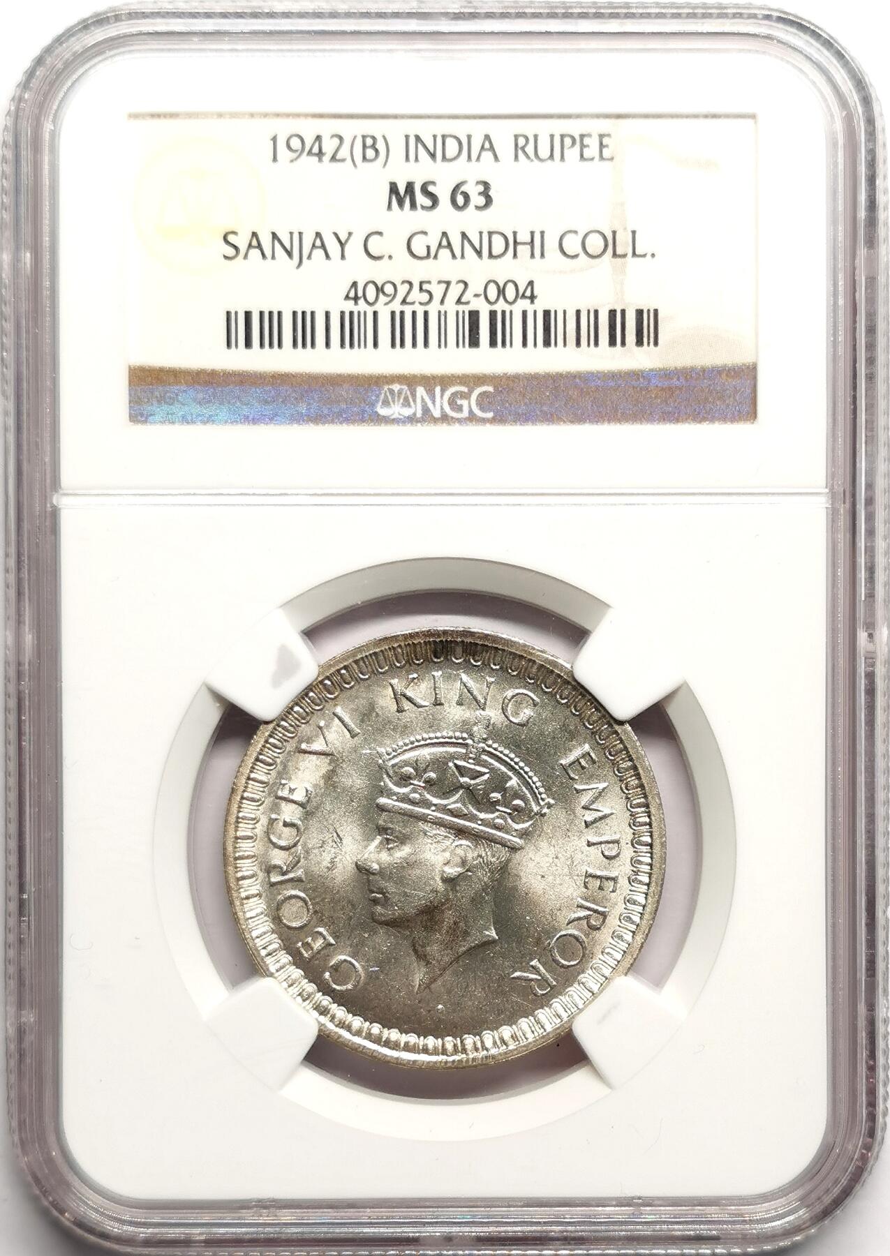 凡希社世界钱币微拍第二百七十五期 1942（B）英属印度乔六卢比NGC-MS63