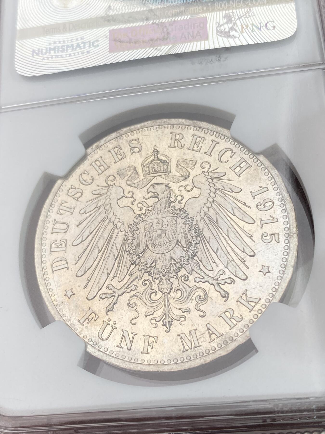 万国钱币拍卖第028期（花前月下●同享良章美币） NGC PF64CAM 1915年德国不伦瑞克-沃尔芬比特尔奥古斯特与路易斯结婚纪念流通5马克 高分精致镜面 柏林铸币厂 浓厚的镜面喷砂感 刚刚结束的HA拍卖PF62不带CAM成交价840美金供参考