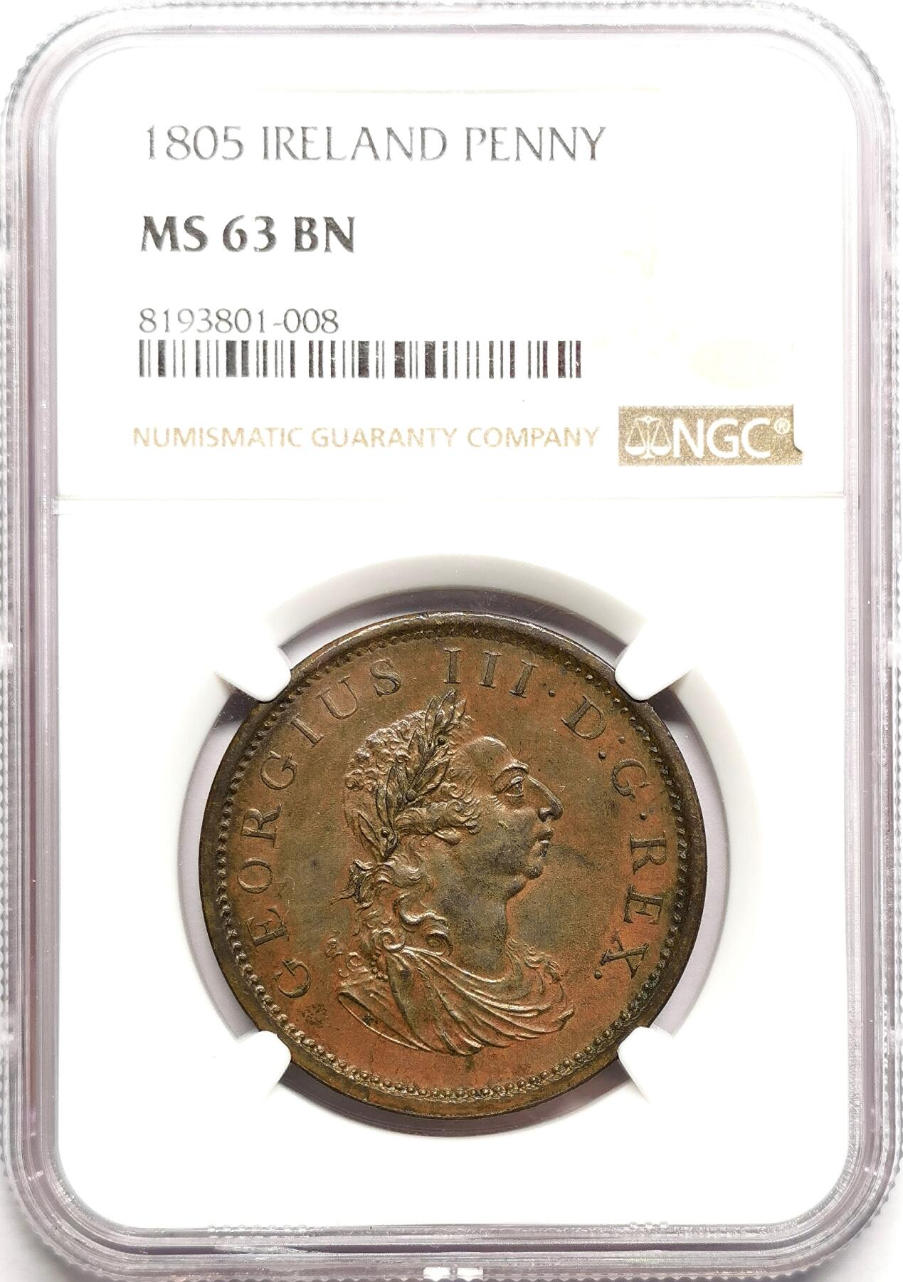 凡希社世界钱币微拍第二百七十五期 1805爱尔兰乔三便士大铜NGC-MS63