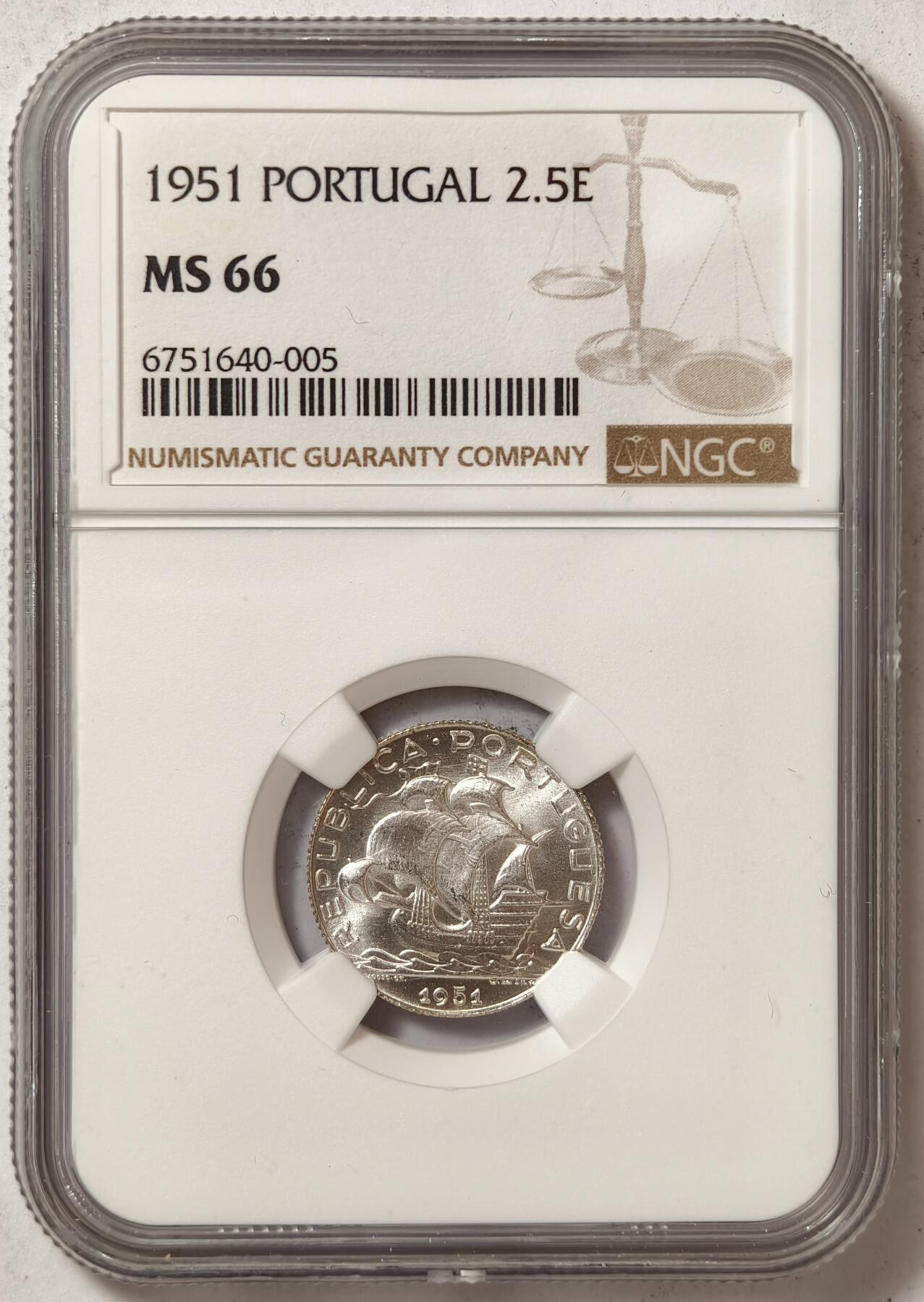 紫瑗钱币——第374期拍卖 葡萄牙 1951年 帆船 2.5埃斯库多 银币 NGC MS66