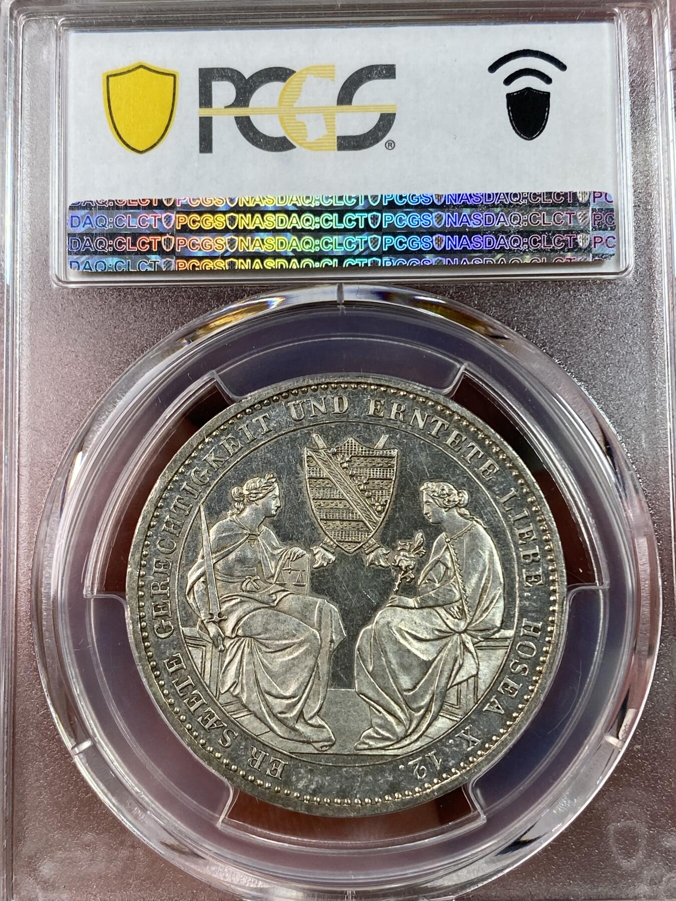万国钱币拍卖第028期（花前月下●同享良章美币） PCGS MS63PL 1854年德国萨克森奥古斯特二世逝世纪念流通1泰勒 双神唯一一枚PROOFLIKE评级记录 其难度不言而喻