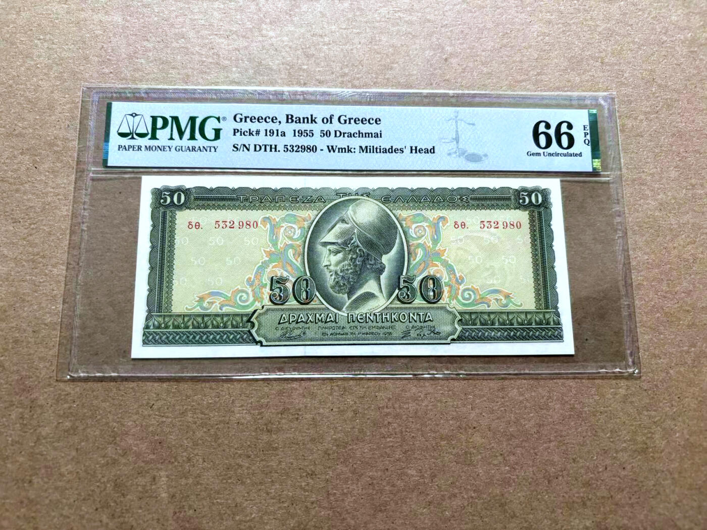 【Blue Auction】✨世界纸币精拍第500期盛典——白金之夜🔥🔥🔥 G-【无47 升值品种】希腊 1955年50德拉科马 PMG66EPQ 伯利克里 大场景精美 如今66以上分数市面上很少见了 都沉淀了