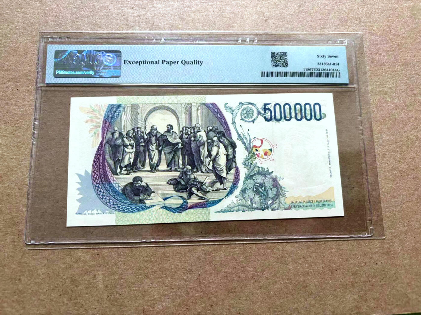 【Blue Auction】✨世界纸币精拍第500期盛典——白金之夜🔥🔥🔥 I-【AAA冠极少见】意大利 1997年50万里拉 经典拉斐尔 正面背景为拉斐尔画作《嘉拉提亚的凯旋》背面为经典画作《雅典学院》