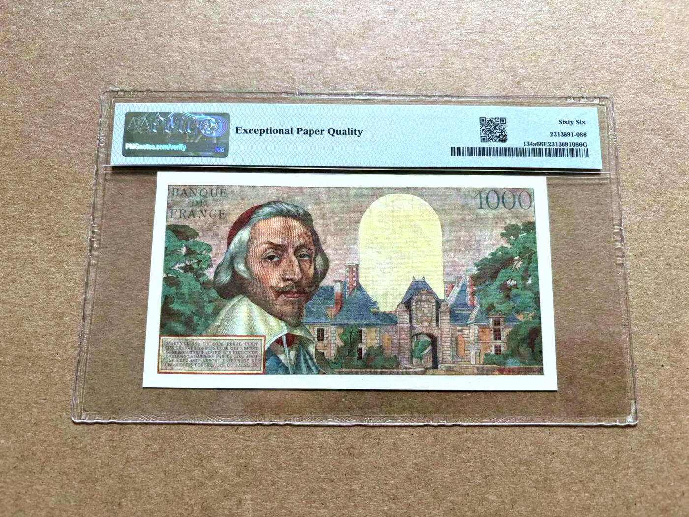 【Blue Auction】✨世界纸币精拍第500期盛典——白金之夜🔥🔥🔥 F-【a版亚军分 改值前版本】法国 1956年1000法郎 红衣主教黎塞留 PMG66EPQ 高分少见